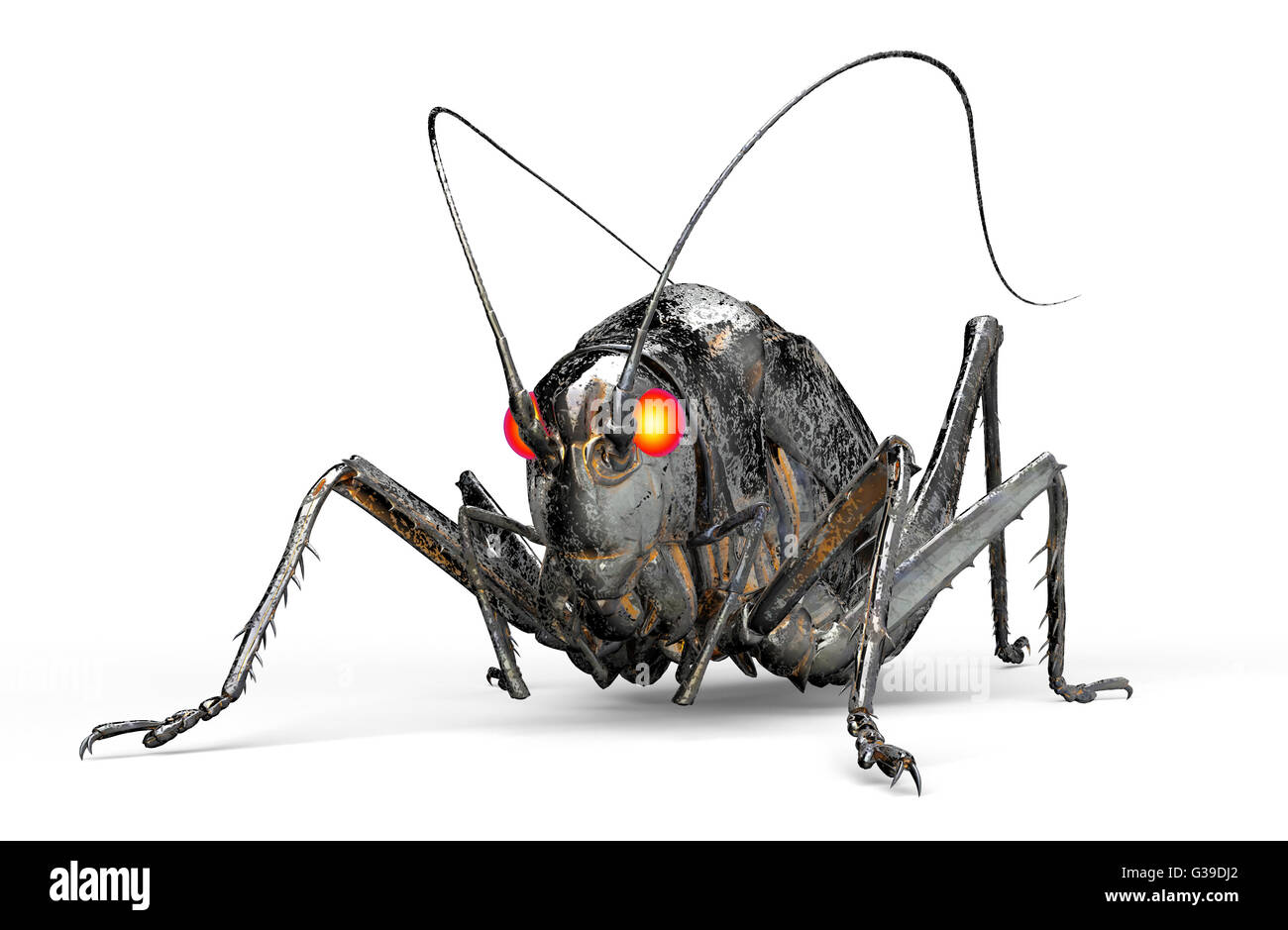 Metall Roboter Insekt isoliert auf weiss mit Beschneidungspfad, 3D Illustration. Stockfoto