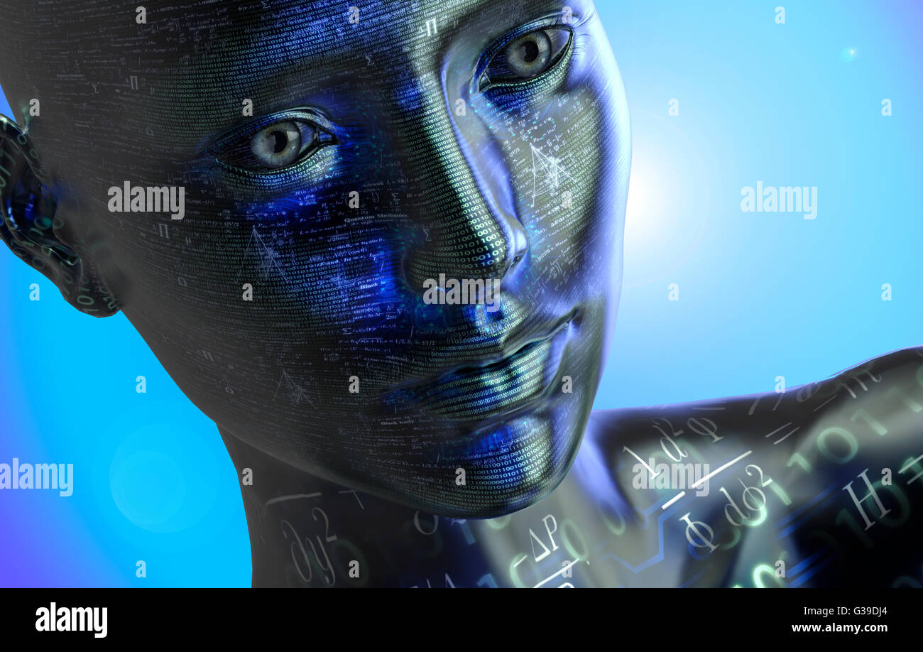 elektronische Frau oder weiblichen Cyborg auf binäre Hintergrund, 3D illustration Stockfoto