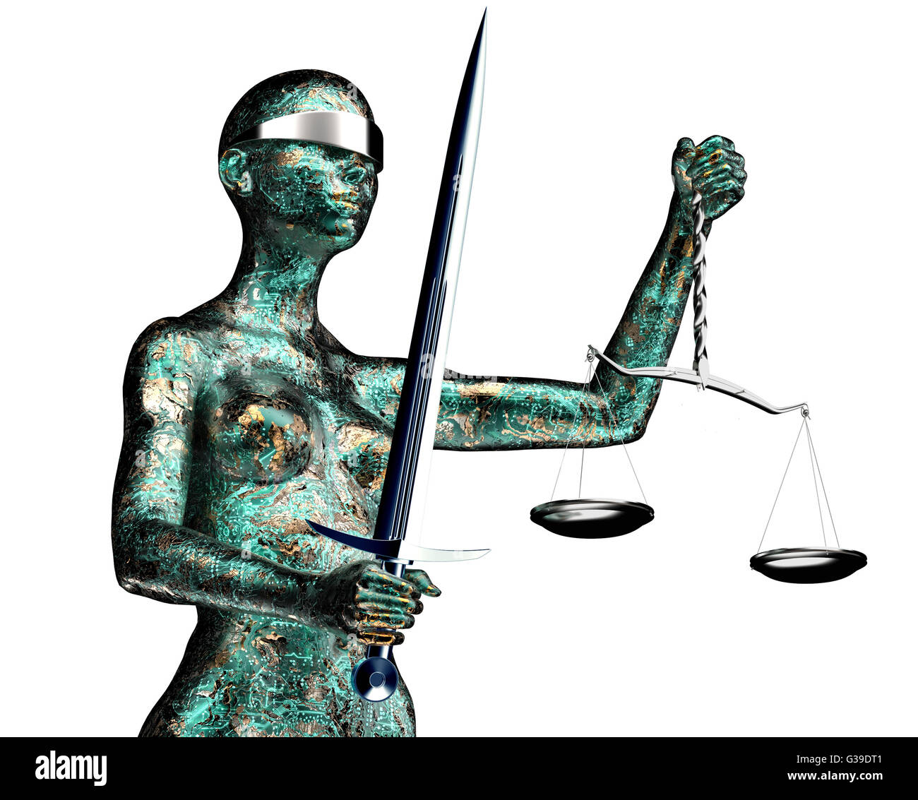 rechtliche Computer Richter Konzept, Justitia, die isoliert auf weißem, 3D Illustration. Stockfoto