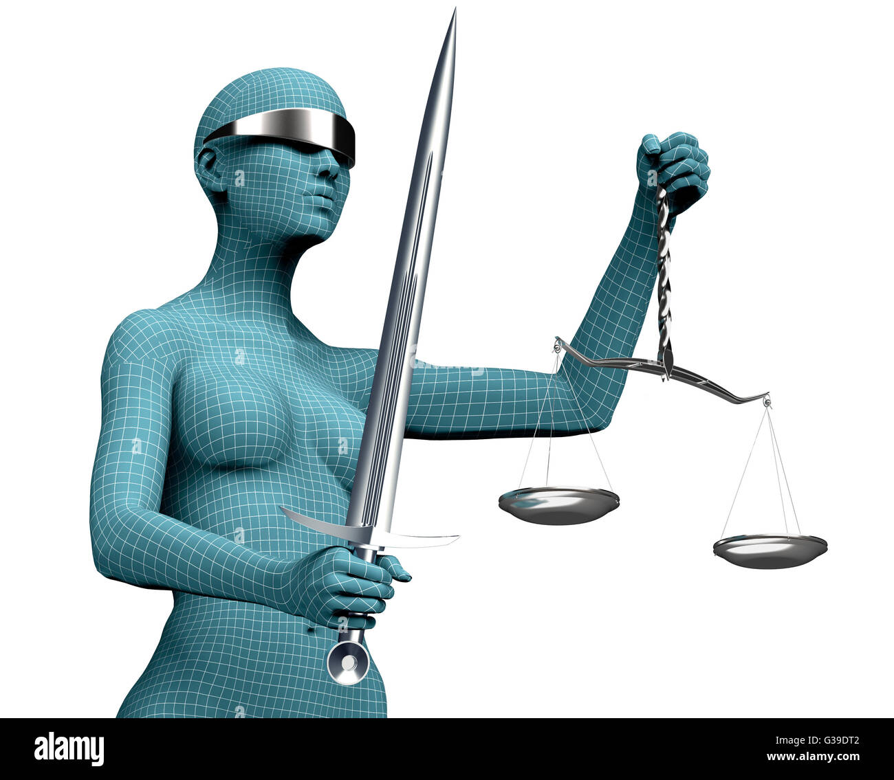 rechtliche Computer Richter Konzept, Justitia, die isoliert auf weißem, 3D Illustration. Stockfoto