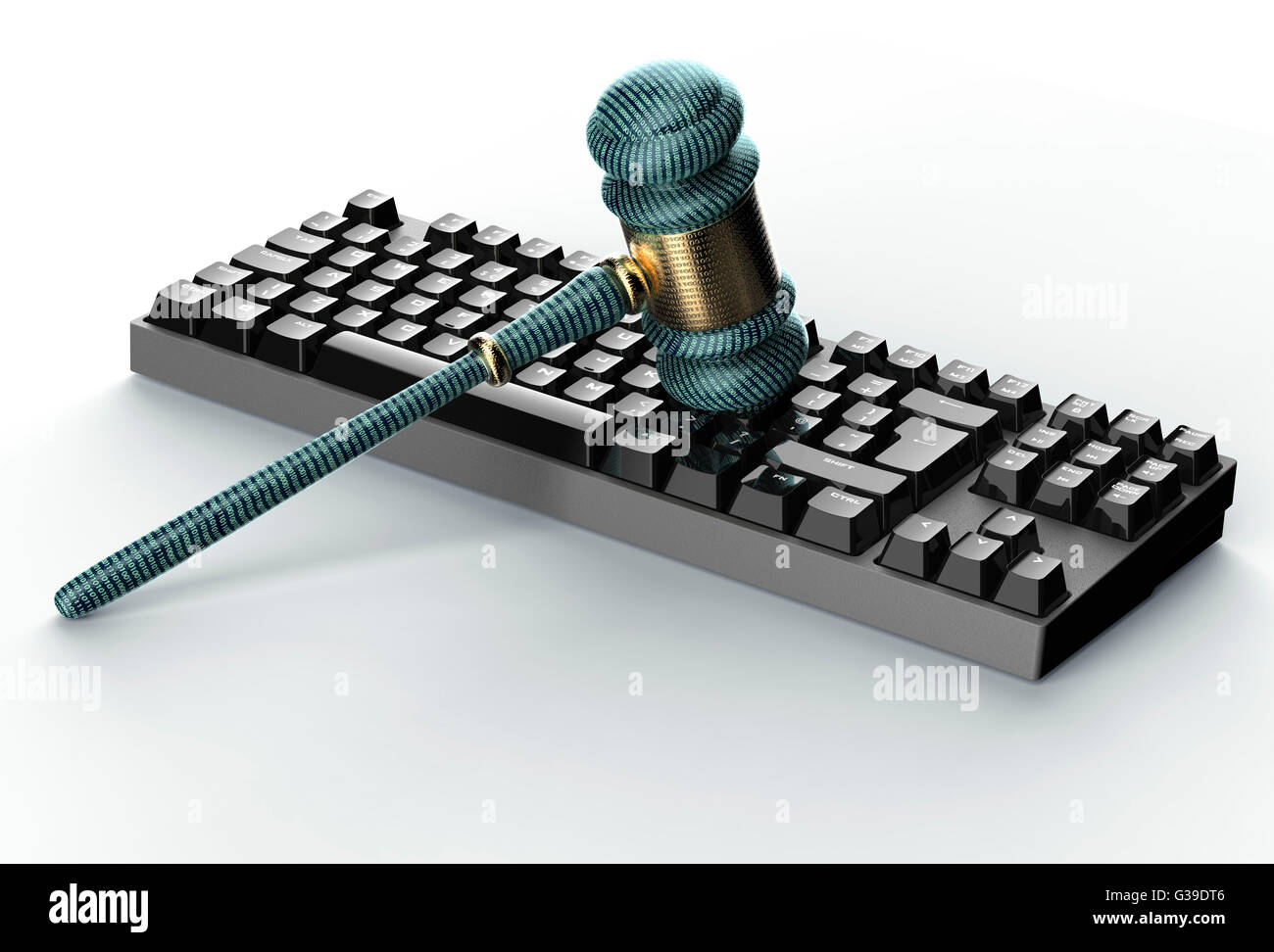 rechtliche Computer Richter Konzept, Cyber-Hammer auf Computer-Tastatur, 3D illustration Stockfoto