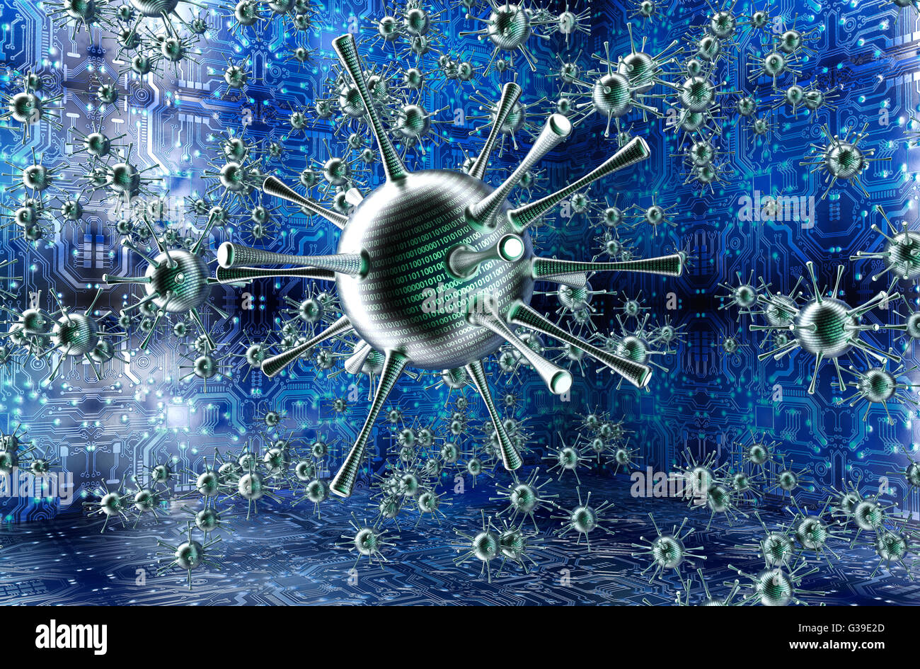 digitale Sicherheit Begriff Computervirus im elektronischen Umfeld, 3D illustration Stockfoto