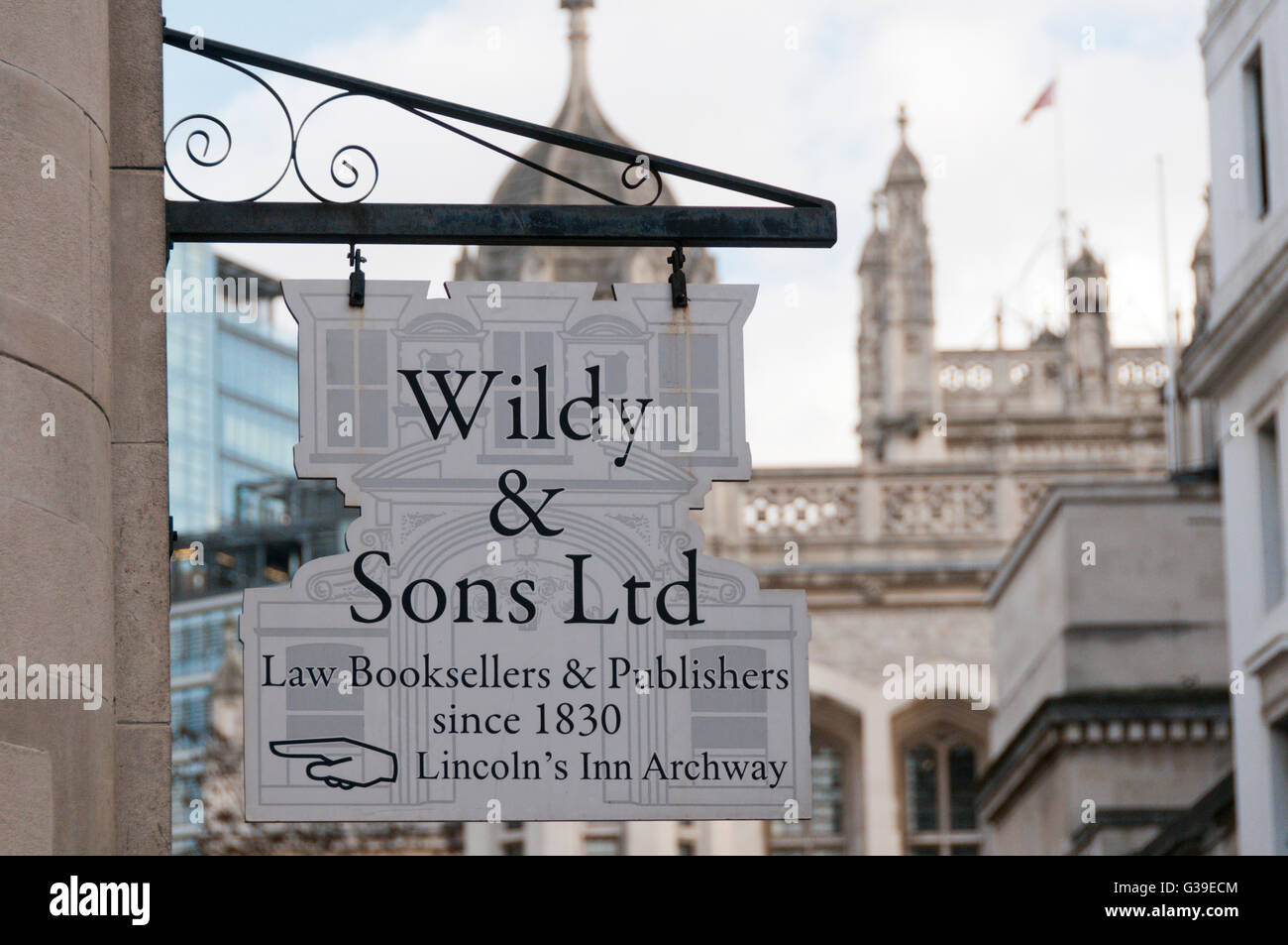 Ein Zeichen für Wildy & Sons Ltd, Recht Buchhändler in London. Stockfoto