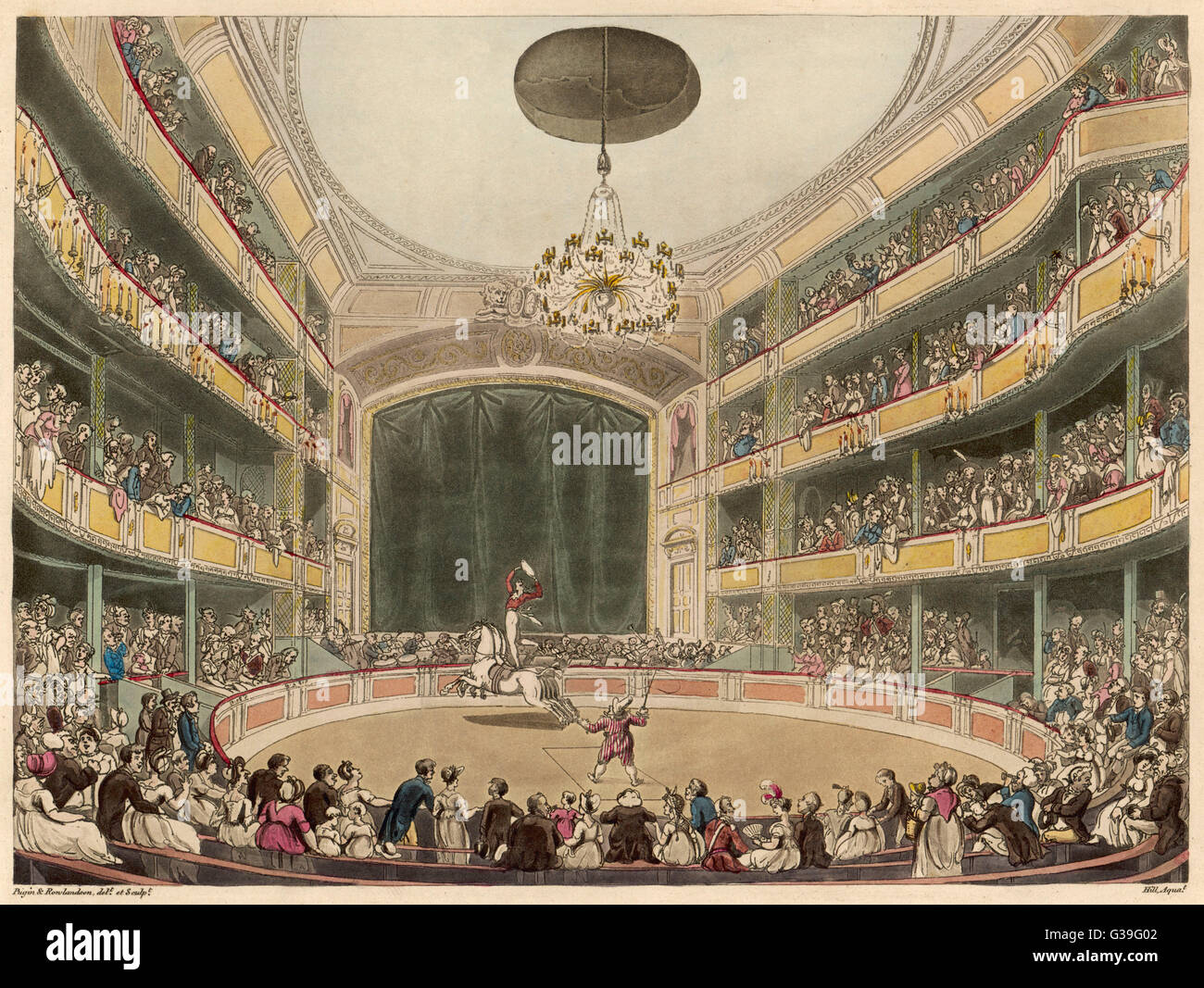 Philip Astley Amphitheater, Westminster Bridge Road, London: geliebt von Dickens, dies war auch die Szene der Clowns wie Grimaldi und populären Melodram.     Datum: 1808 Stockfoto