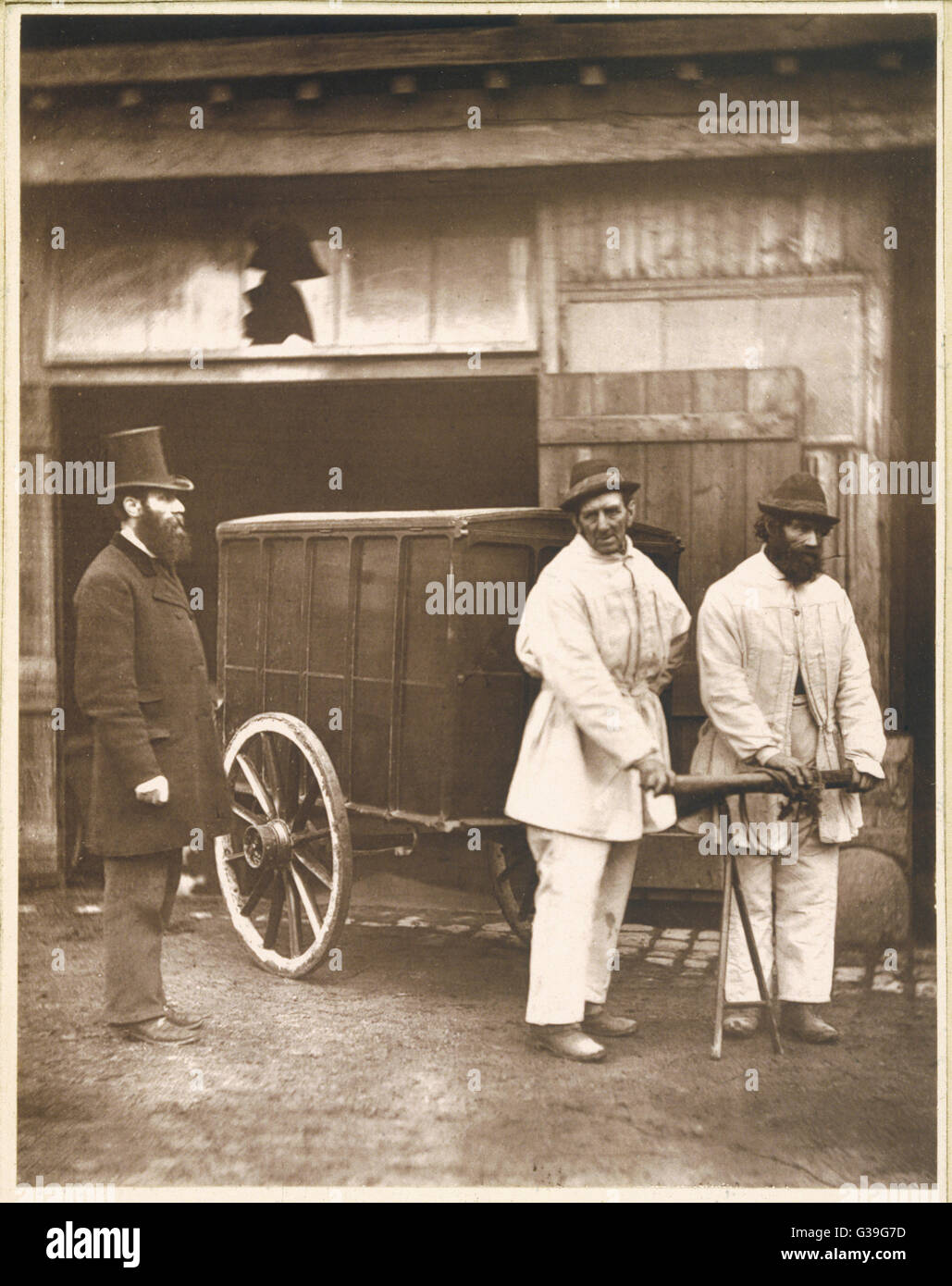 Öffentliche Desinfektoren mit ihren Warenkorb: Dies ist die Reaktion der Behörden an Cholera und andere Seuchen.      Datum: 1877 Stockfoto