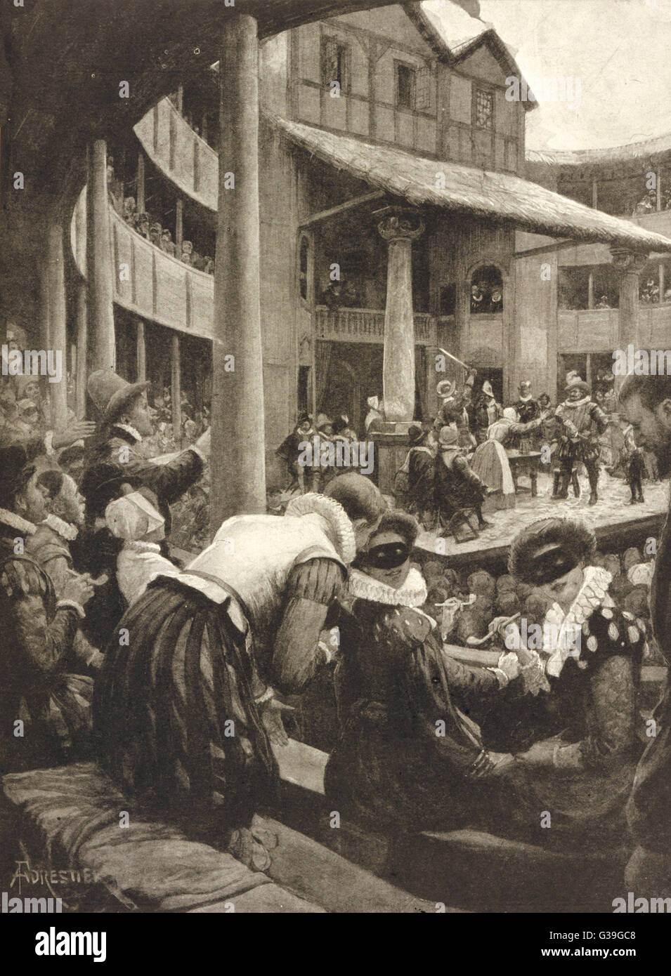 Maskierte und Pfeife rauchende Damen in der "Grube" eine Aufführung von Shakespeares "Heinrich IV".      Datum: 17. Jahrhundert Stockfoto