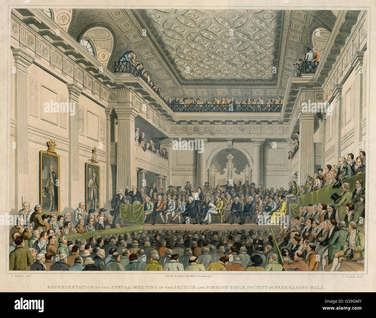 Treffen der britischen und ausländischen Bibelgesellschaft in Freemasons Hall.        Datum: ca. 1819 Stockfoto Treffen der britischen und ausländischen Bibelgesellschaft in Freemasons Hall.        Datum: ca. 1819 Stockfoto