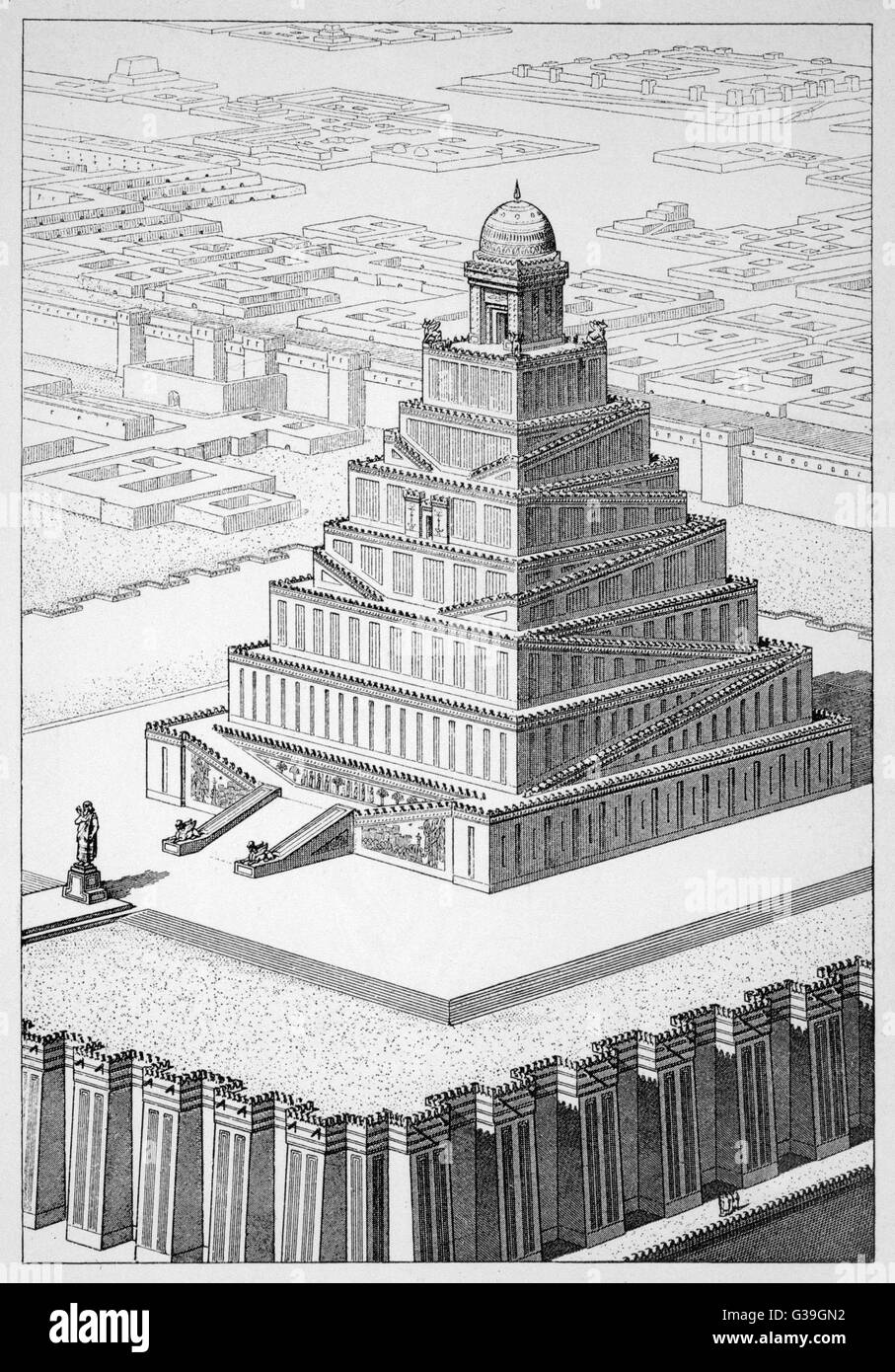 Die Zikkurat von Marduk oder "Etemenanki" (die sagenumwobenen "Tower of Babel") tapfer durch Chipiez hier rekonstruiert. Aufgrund der Gewinnung ist die Seite jetzt ein großes Loch.     Datum: 1902 Stockfoto