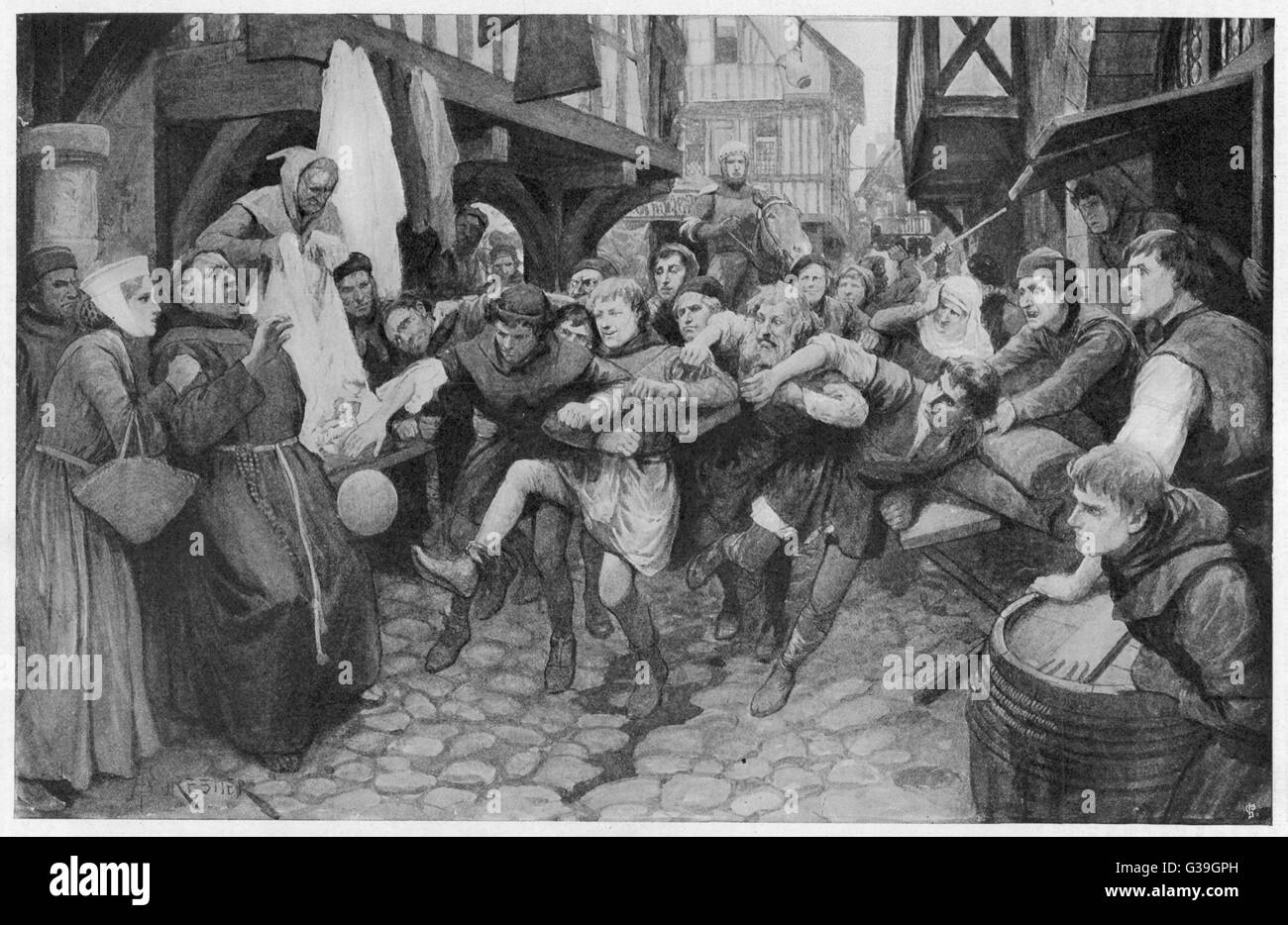 Fußball gespielt auf der Straße während der Mittelalter-Datum: ca. 16. Jahrhundert Stockfoto