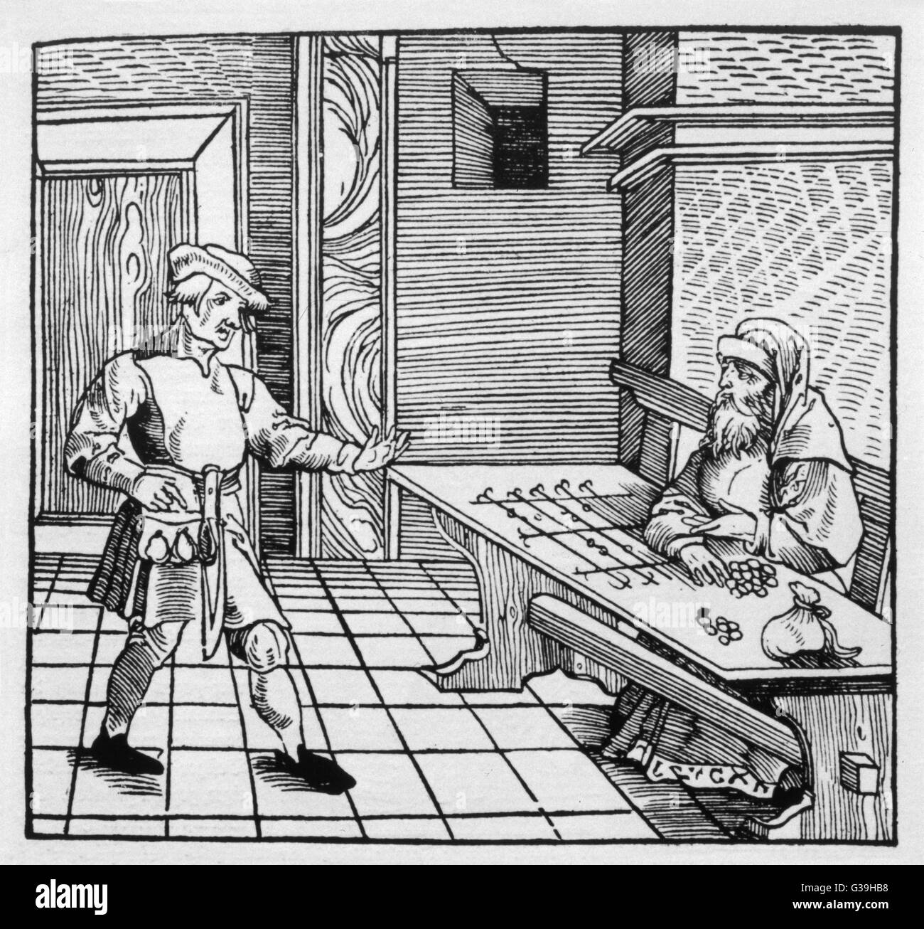 Jüdischen Geldverleiher und ein Bauer.        Datum: 1531 Stockfoto