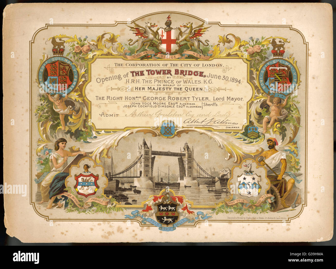 Eine Einladung zur Eröffnung der Tower Bridge von der Corporation in der City of London.      Datum: 30. Juni 1894 Stockfoto