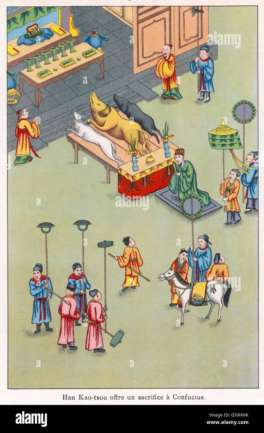 Kaiser Kao Tsu (persönlicher Name Liu Pang), Gründer der Han-Dynastie, opfert ein Schwein, eine Ziege und Kuh am Grab des Konfuzius, der sicherlich nicht genehmigt haben würde!     Datum: ca. 200 v. Chr. Stockfoto