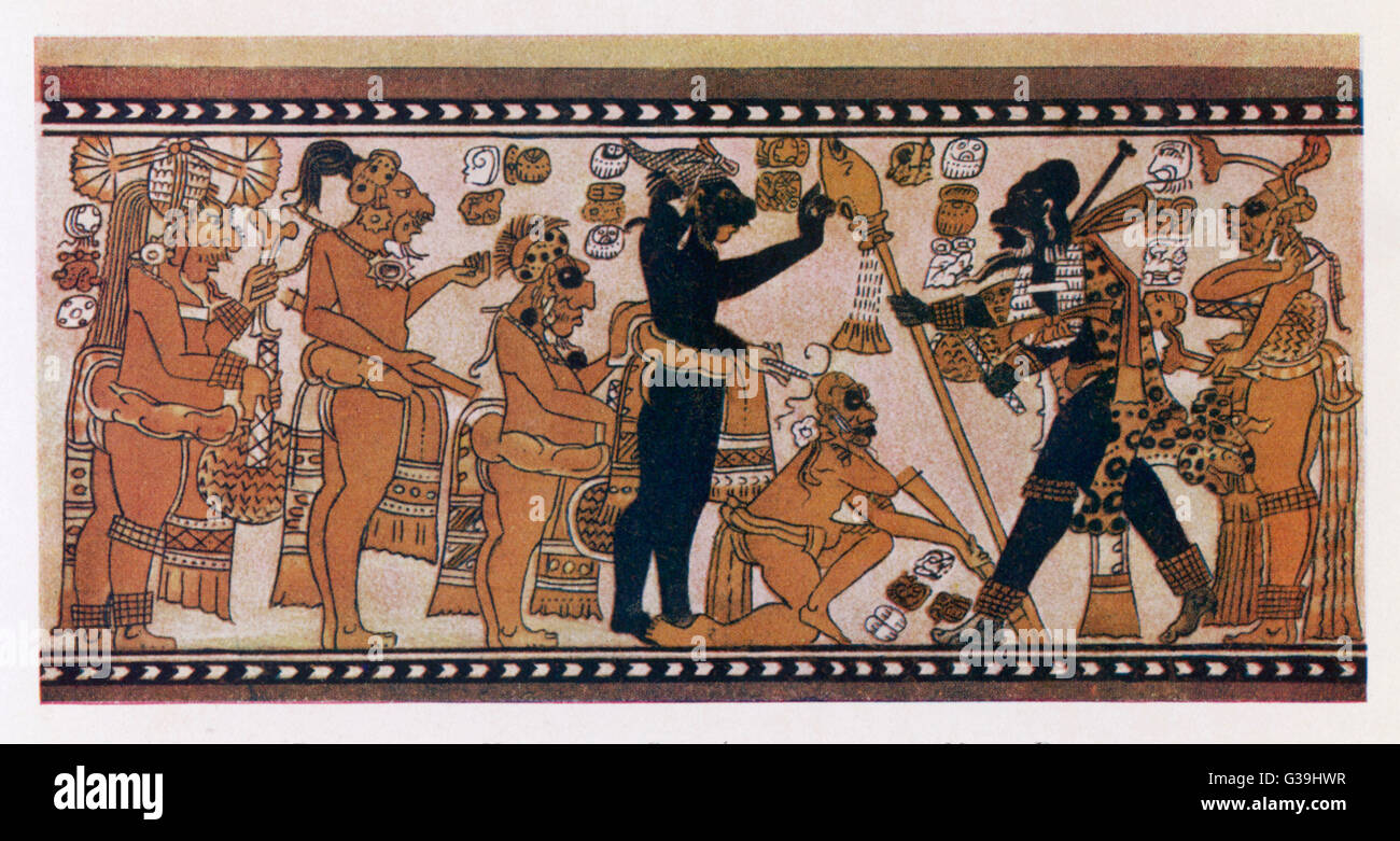 Maya-Götter, dargestellt auf einer Vase von Chama Stockfoto