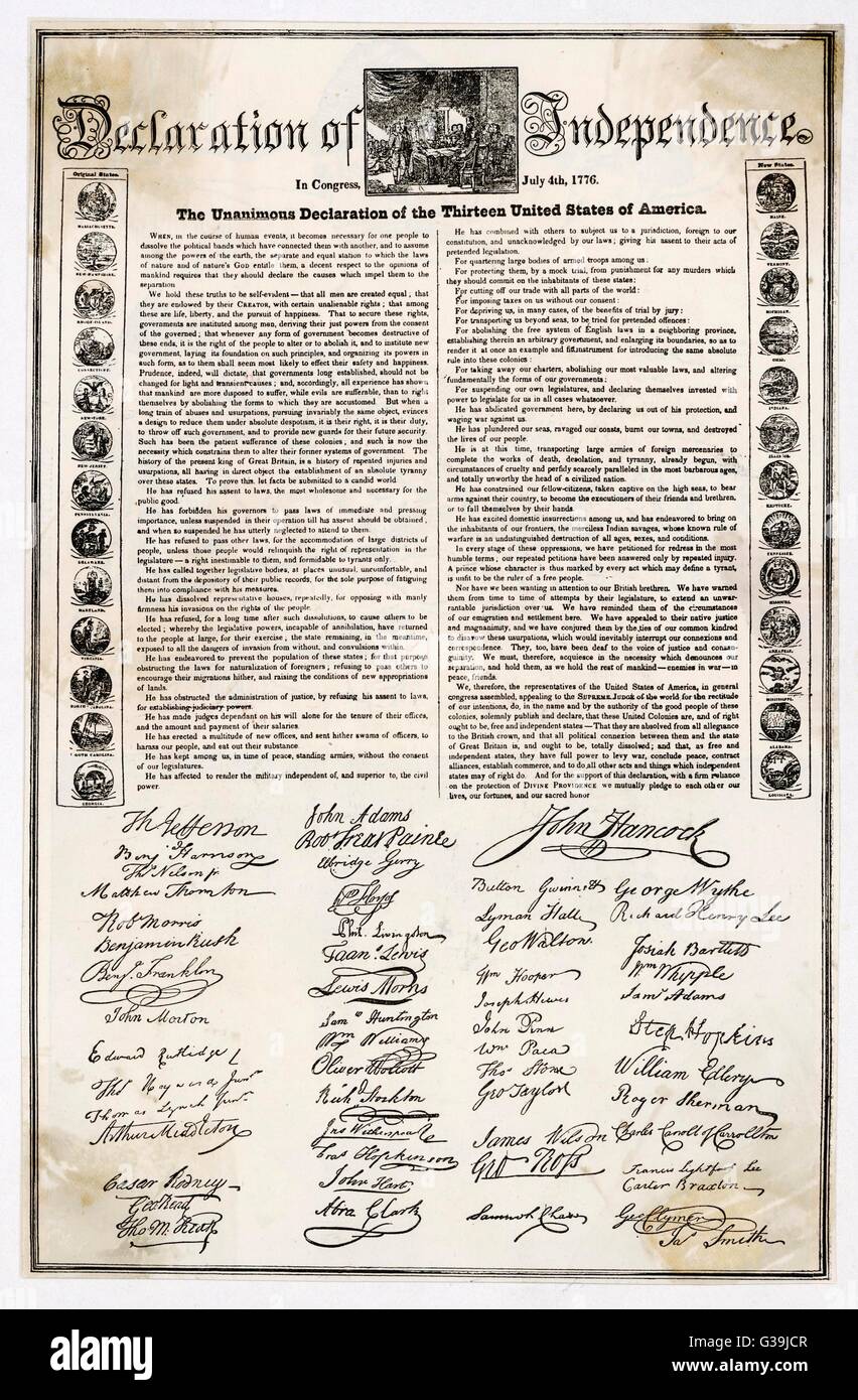 Erklärung der Unabhängigkeit Dokument Datum: 1776 Stockfoto