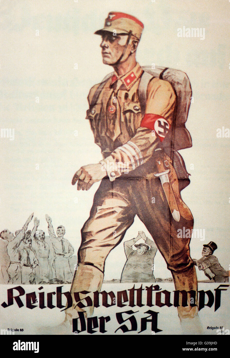 Propagandaplakat für die Sturmtruppen der SA (Sturmabteilung: Sturm-Abteilung).      Datum: 1930er Jahre Stockfoto