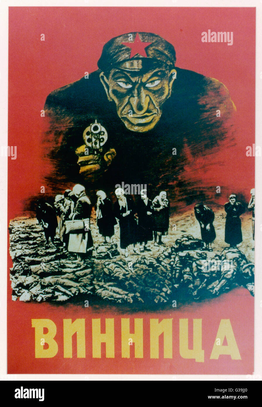 Nazi-Propaganda-Plakat im besetzten Russland versucht, die Gräueltaten auf die jüdischen kommunistischen konfiszieren zu tadeln. Stockfoto