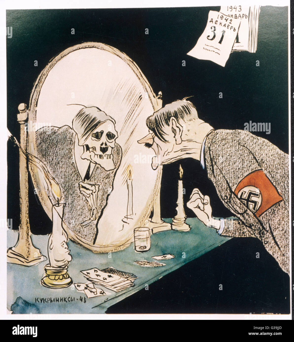 ADOLF HITLER der Kalender an der Wand Dezember 1942 datiert, Hitler starrt entrüstet in seinem Skelett Reflexion, als Symbol der deutschen Niederlage bei Stalingrad-Datum: 1942 Stockfoto