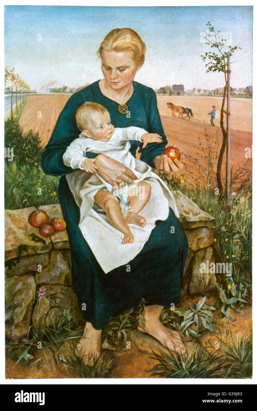 "Mother and Child" Darstellung der perfekte arische Mutter Pflege ihr schönes Baby in der deutschen Landschaft.     Datum: Drittes Reich Stockfoto