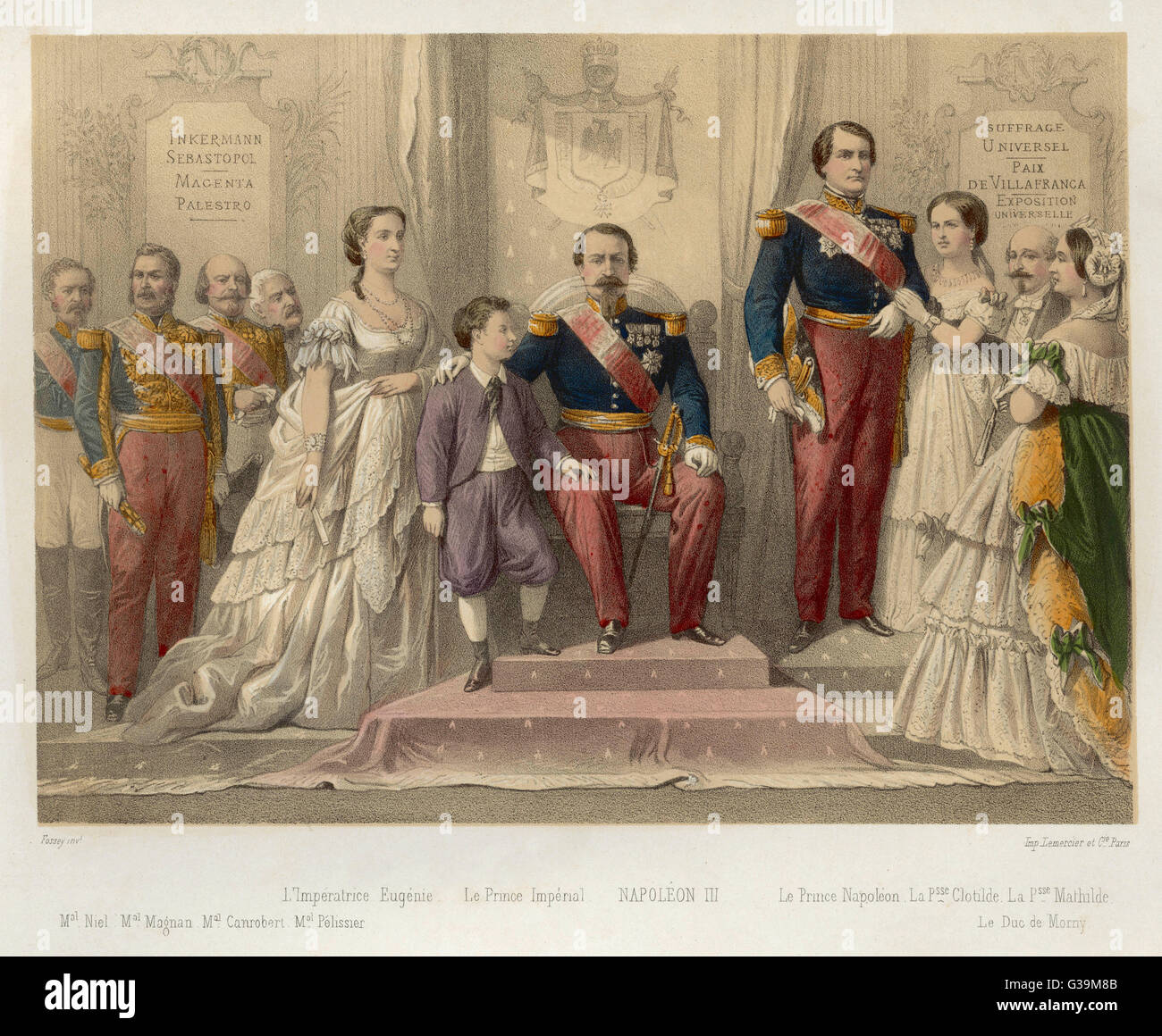 LOUIS NAPOLEON III mit Eugenie und le Prince Imperial und Prinzen Napoléon und andere Mitglieder seiner Familie, Höflinge &amp; c.      Datum: 1808-1873 Stockfoto