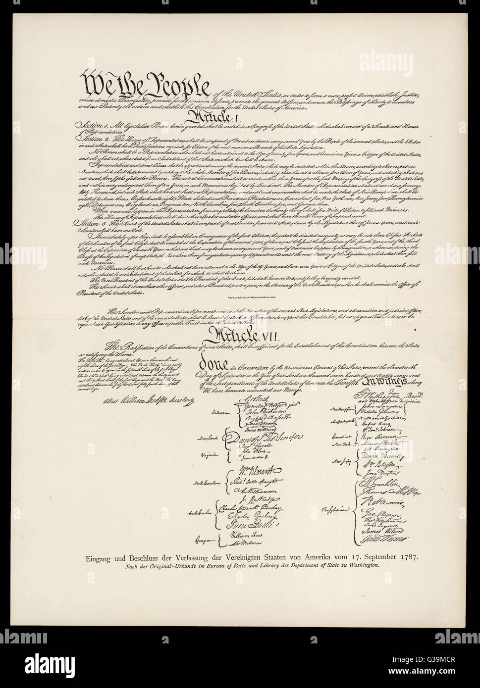 Verfassung von der Vereinigte Staaten erarbeitet von 55 Delegierten der verfassungsgebenden Versammlung in Philadelphia Datum: 17. September 1787 Stockfoto