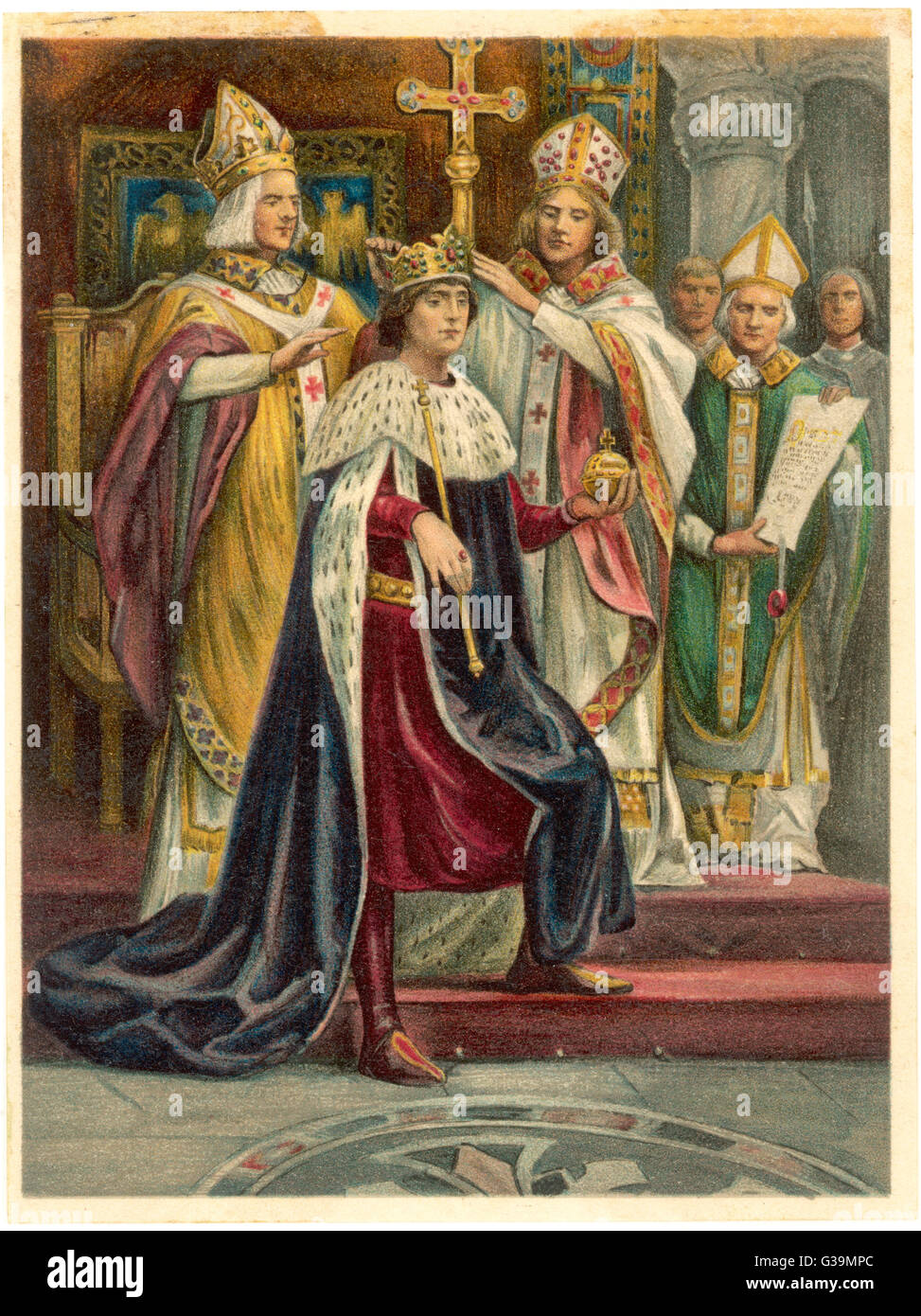 Edward i. wird gekrönt in Westminster, einige 21 Monate, nachdem er zu seinem Nachfolger ausgerufen wurde Vater Henry III Datum: 1274 Stockfoto