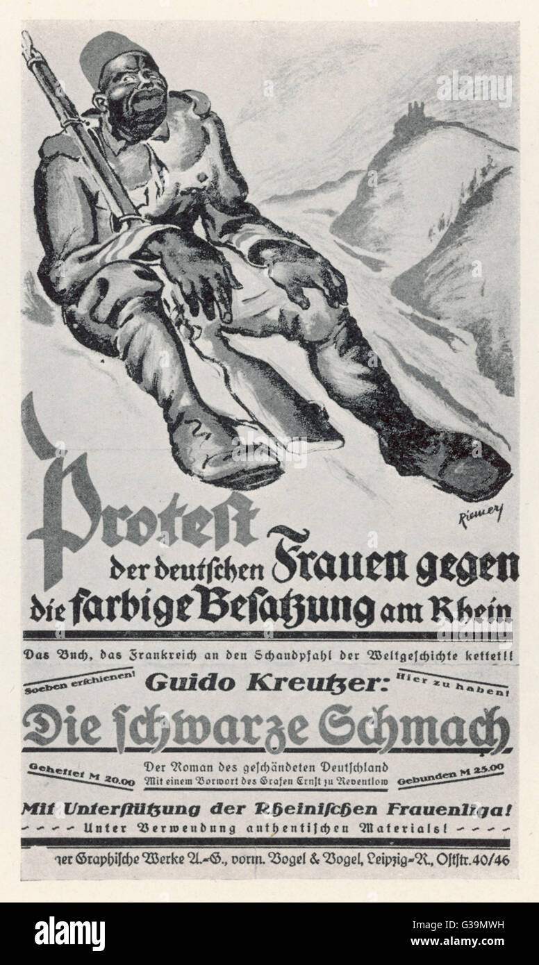 Dieses deutsche Plakat, von Frankreich, während der Besetzung des Rheinlandes nach dem ersten Weltkrieg produziert protestiert im Namen der deutschen Frauen gegen die Franzosen benutzen der schwarzen Soldaten Datum: ca. 1924 Stockfoto