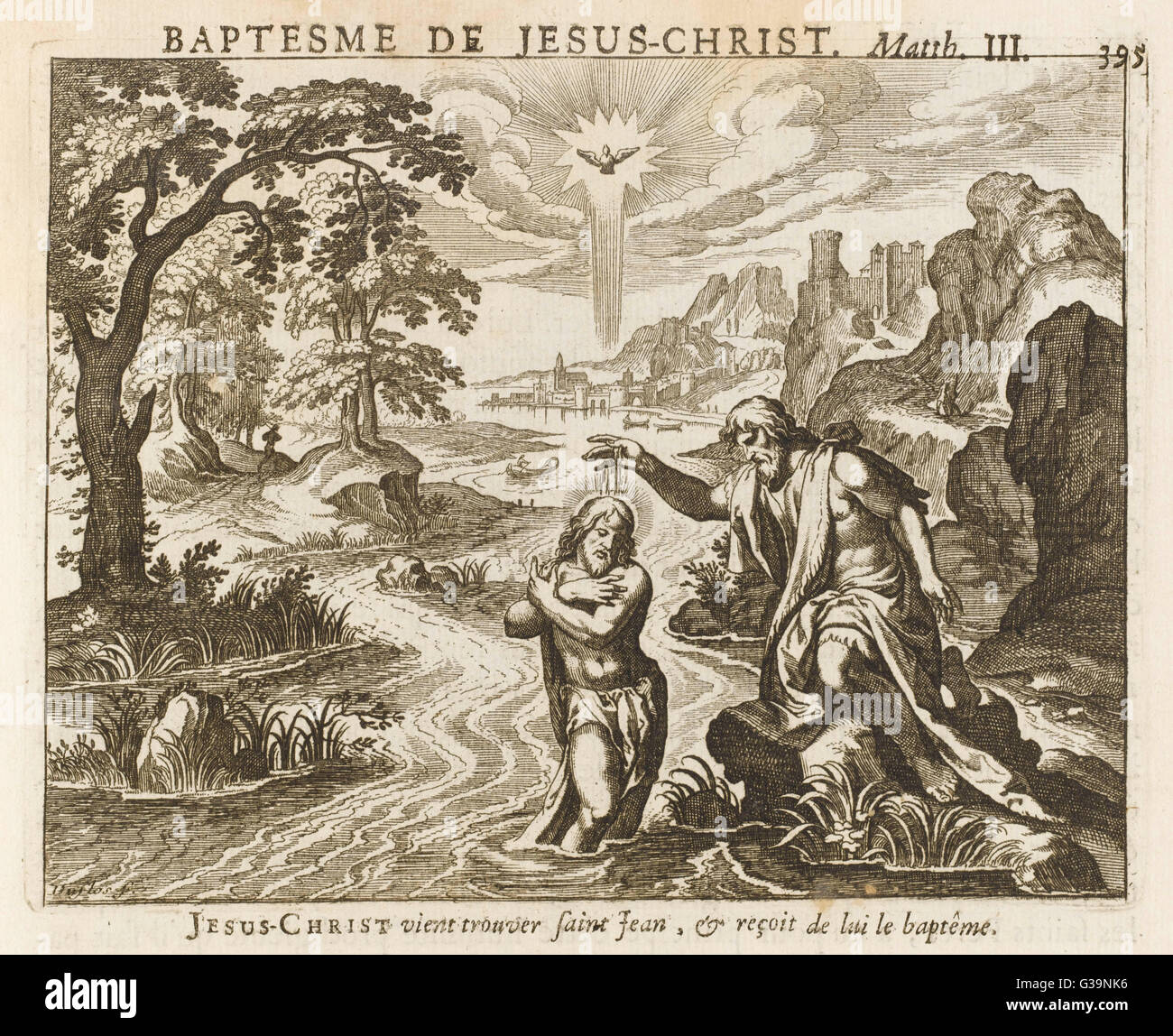 Jesus wird von Johannes dem Täufer im Fluss Jordan getauft: der Heilige Geist in Gestalt einer ...