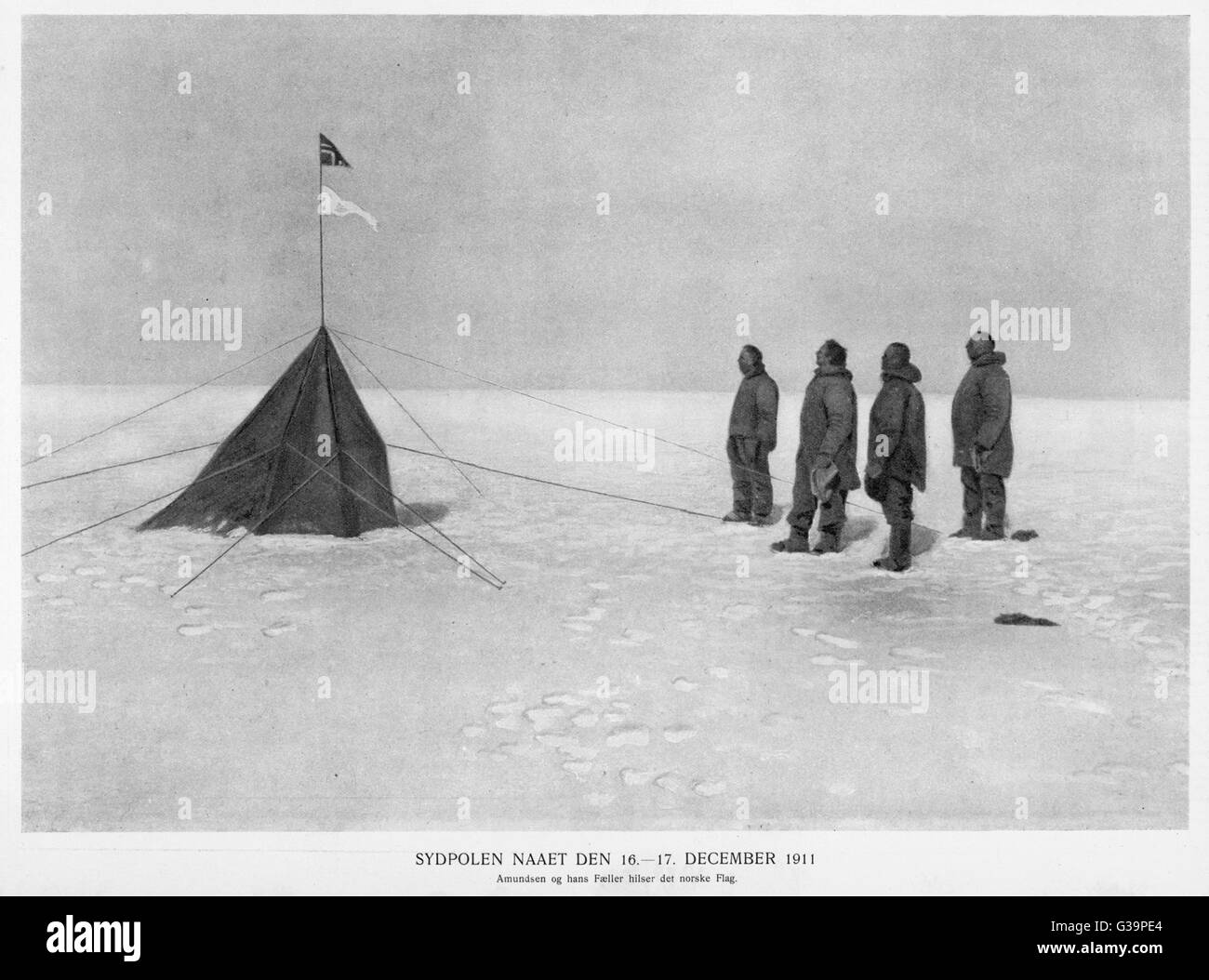 Roald Amundsen als erster den Südpol zu erreichen dies auf 14. Dezember 1911 und sicher nach Hause zurück.  Anhebung der norwegischen Flagge am Südpol.     Datum: 16.-17. Dezember 1911 Stockfoto