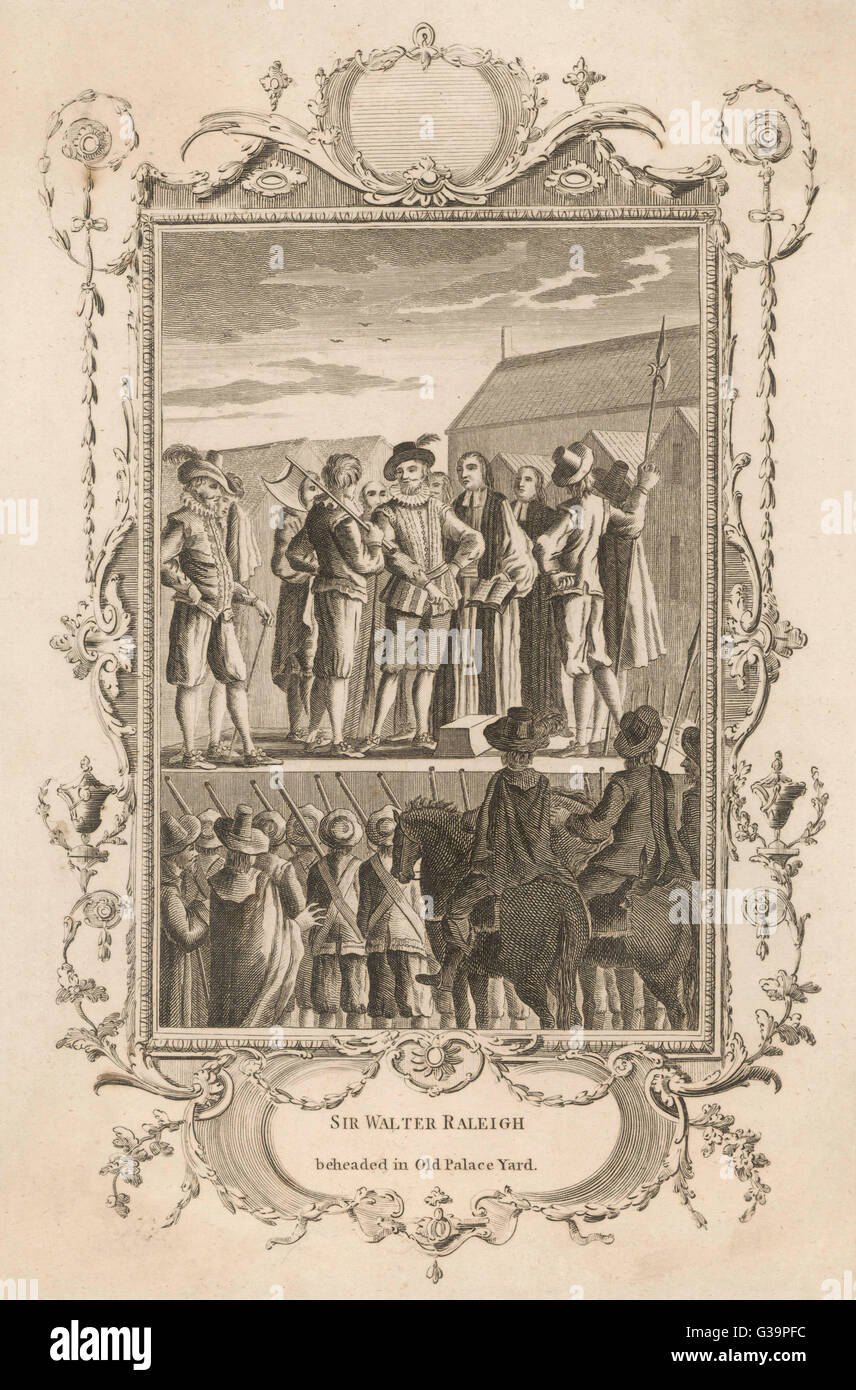 Sir Walter Raleigh wartet auf Ausführung in Old Palace Yard, Whitehall. Enthauptet unter einem alten Satz der Verschwörung gegen James ich auf Geheiß der spanischen Regierung.     Datum: 1618 Stockfoto