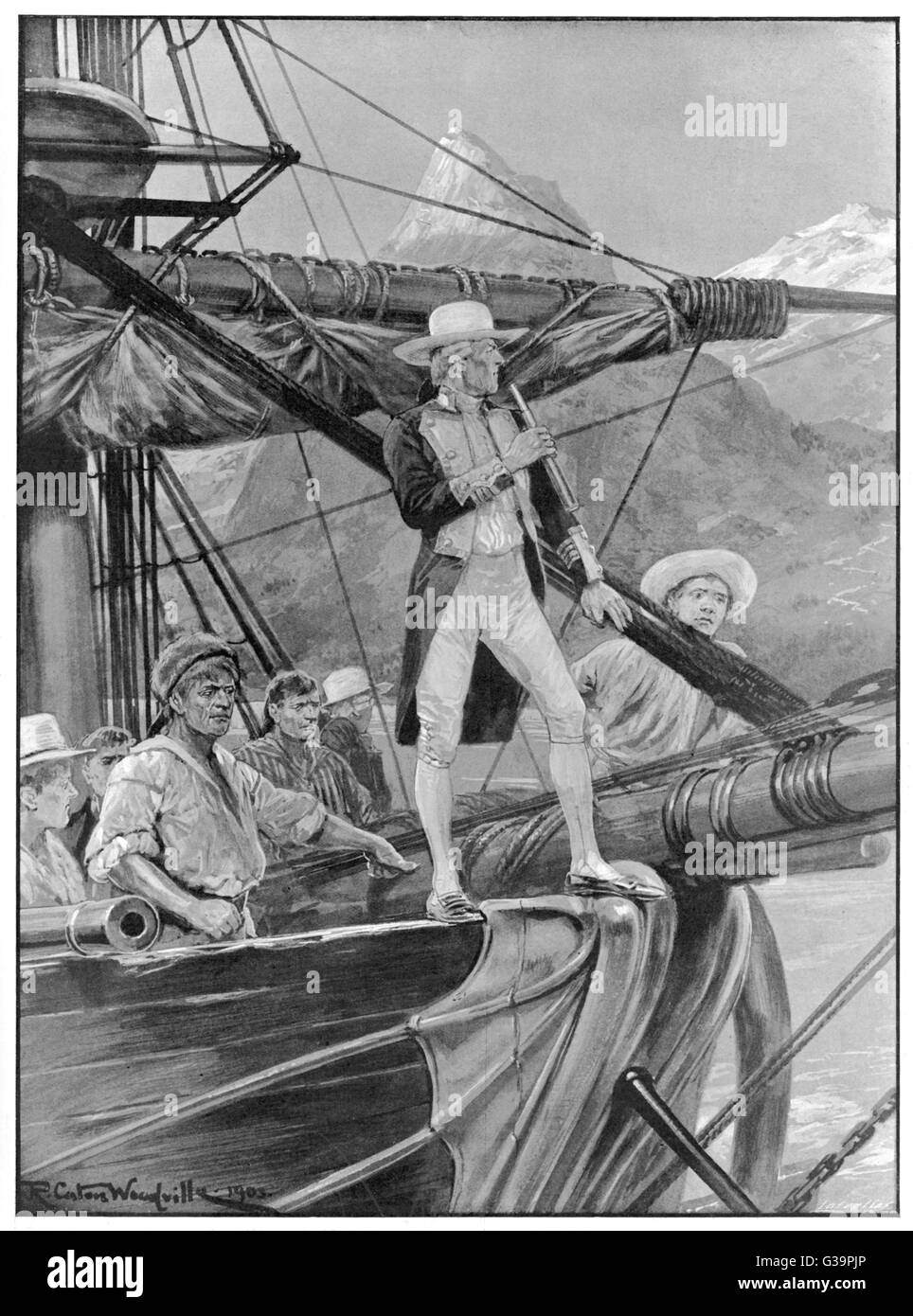 Captain Cook ist der erste Europäer, der Fuß in Neuseeland.       Datum: 1769 Stockfoto