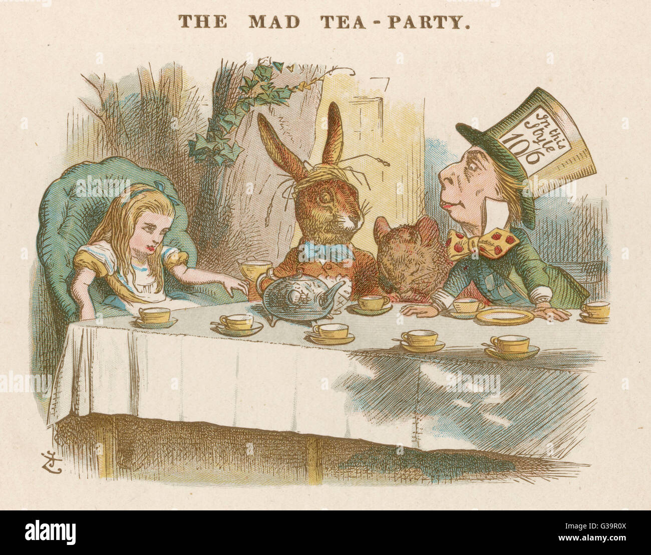 Alice auf der Mad Hatter Tea Party Datum: Erstveröffentlichung: 1865 Stockfoto