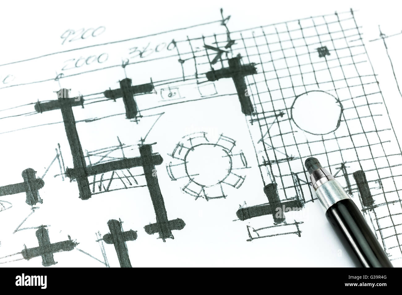 Grafische Skizze mit Bleistift der Hausplan. Handzeichnung. Stockfoto