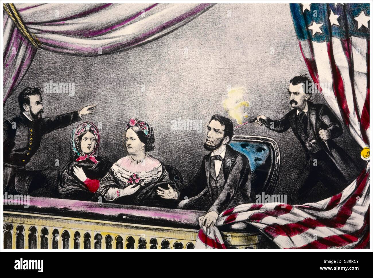 Abraham Lincoln, Präsident der Vereinigten Staaten, wird am Theater von John Wilkes Booth erschossen.      Datum: April 1865 Stockfoto