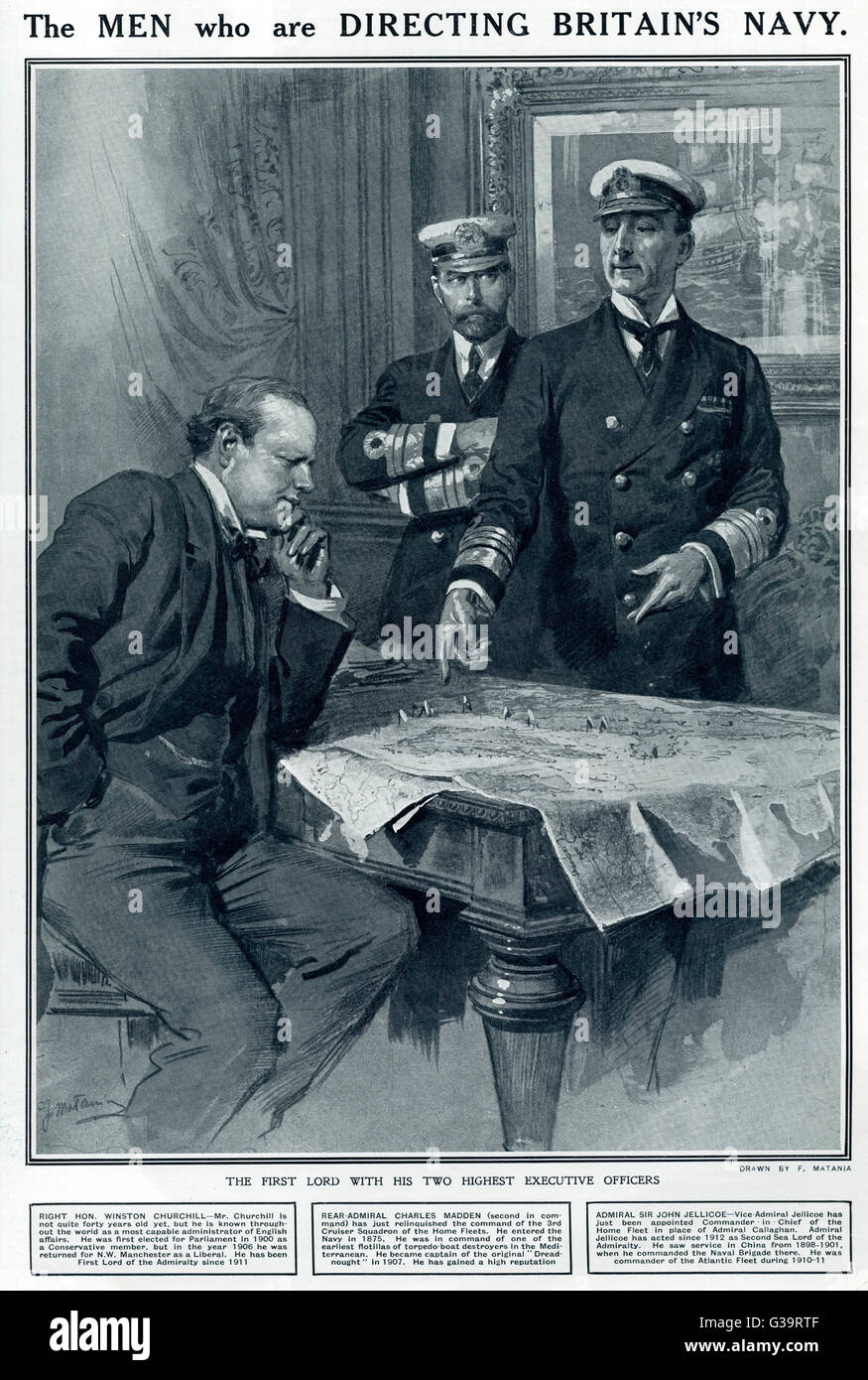 WINSTON CHURCHILL als erster Lord der Admiralität, diskutieren Strategie mit Madden und Jellicoe.     Datum: August 1914 Stockfoto