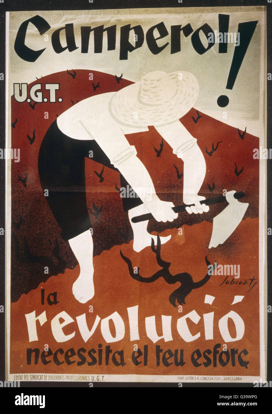 Plakat aus dem spanischen General Workers' Union (UGT) ansprechend zu Arbeitnehmern: "Bauern! Die Revolution ist ebenso notwendig wie die Triebe am Rebstock. "     Datum: 1936-1939 Stockfoto