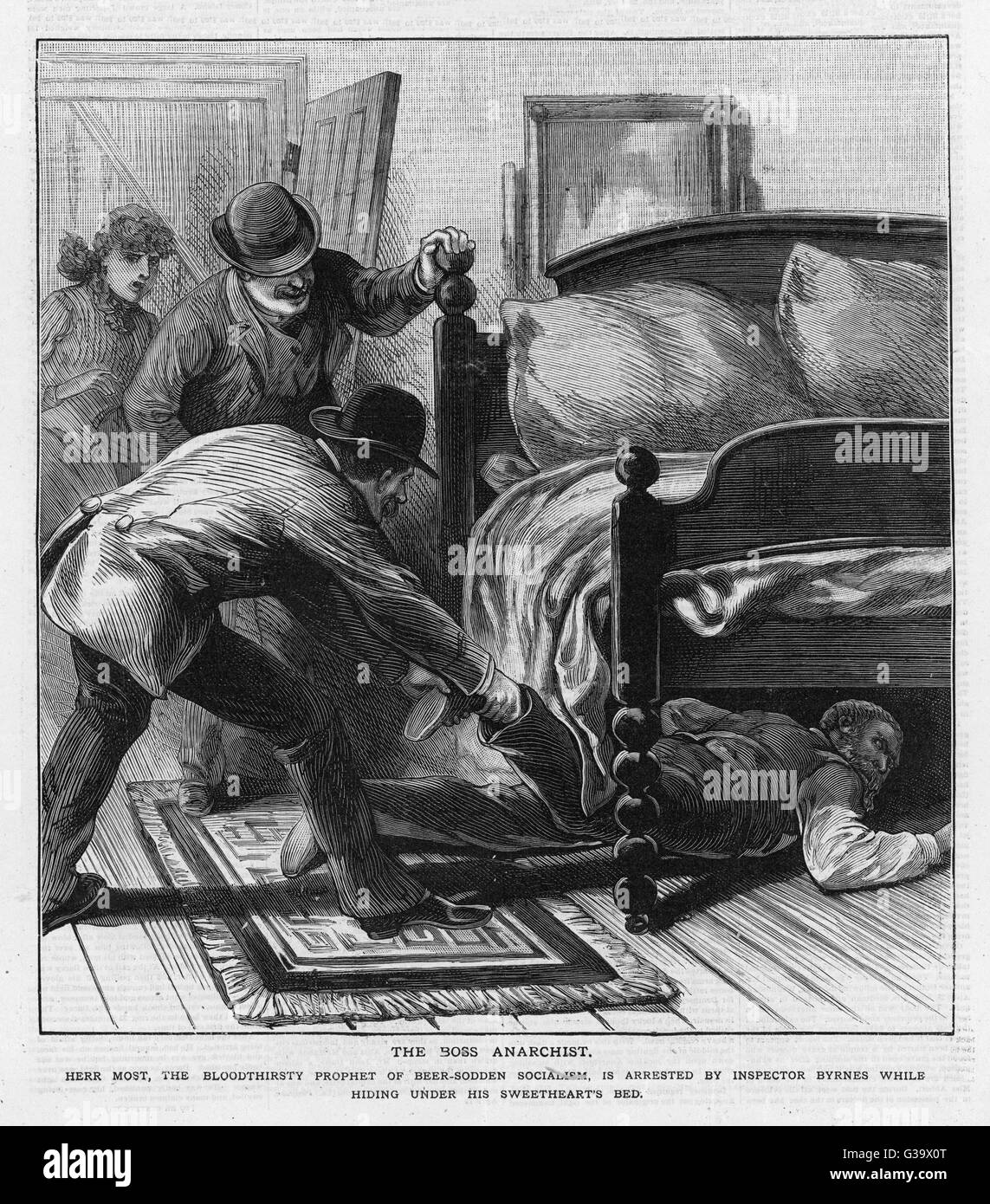 Die einflussreichen anarchistischen Führer, Johann Most, wird in einem Versteck unter dem Bett entdeckt und verhaftet Datum: 1886 Stockfoto