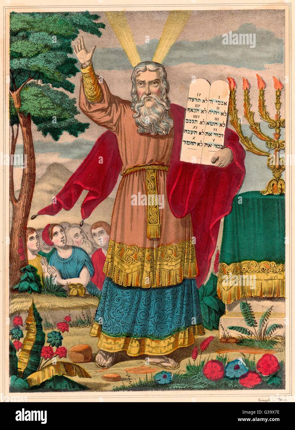 Moses, der hebräische Prophet und Gesetzgeber, mit den zehn geboten.     Datum: 14-13. Jahrhundert v. Chr. Stockfoto