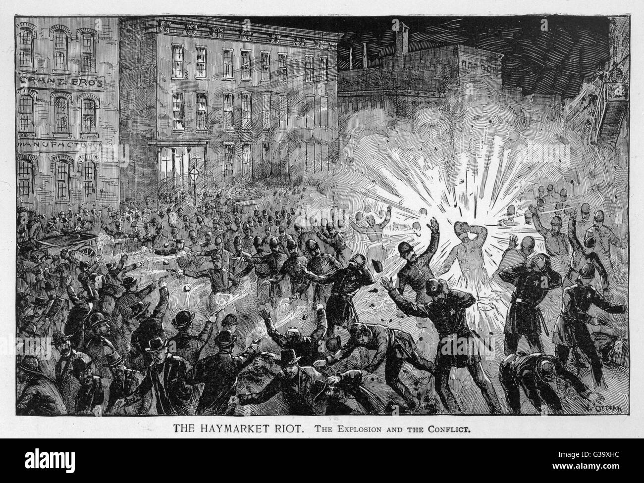 Chicago: die "acht-Stunden" Unruhen Gipfeln in einer Dynamit Explosion gegen die Polizei, von denen viele werden getötet oder verletzt: Verhaftungen, Testversion und Tapeten folgen Datum: 4. Mai 1886 Stockfoto
