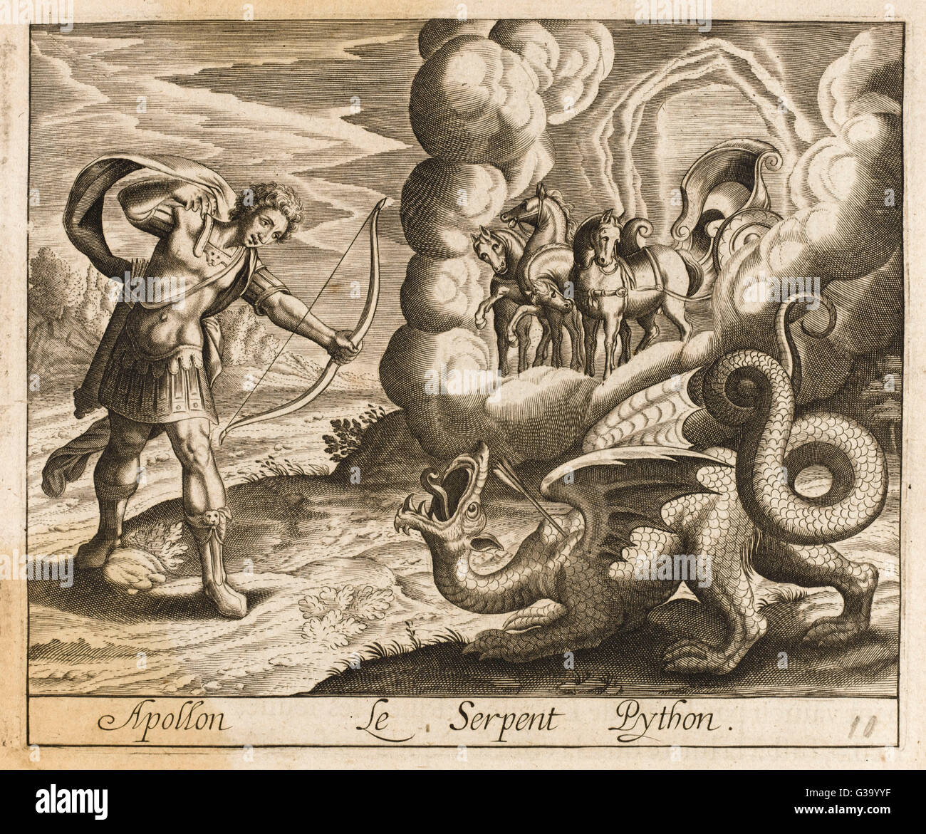 Apollo tötet den Drachen Python, die Wächter der Heiligen Stätte von Delphi und gründet sein eigenes Heiligtum es: Dies ärgert Zeus, die ihn seit vielen Jahren im Exil Stockfoto