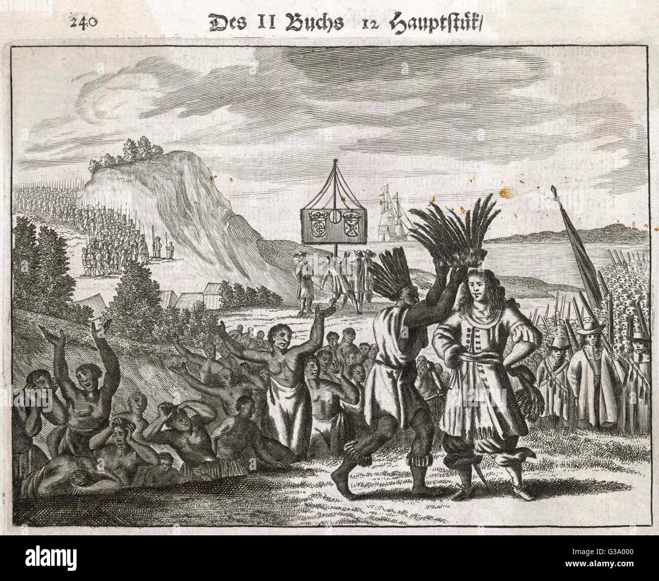 Ein European Voyager (Drake?) wird von Indianern in gegebenenfalls Kalifornien Datum geehrt: ca. 1570 Stockfoto