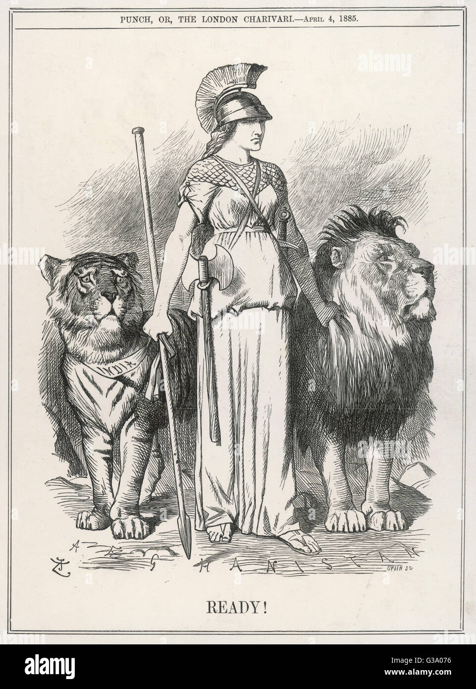 Britannia und ihre Haustiere, der britische Löwe und der indische Tiger sind bereit, auf Afghanistan Datum: 1885 Stockfoto