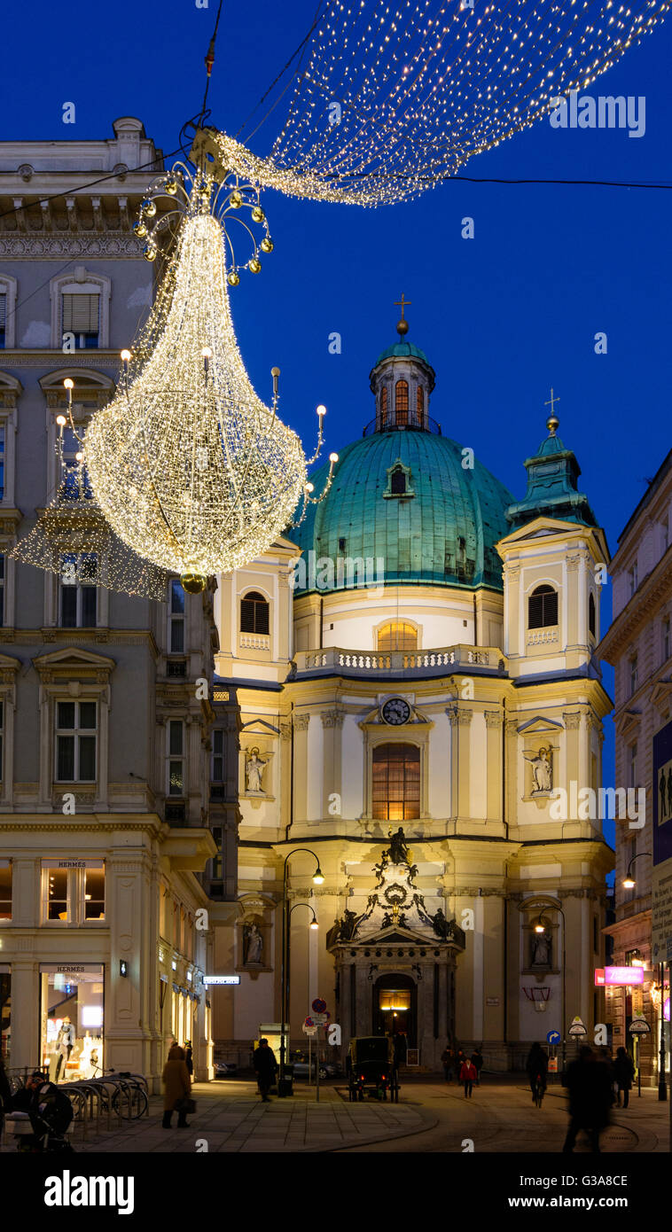 Innenstadt Fußgängerzone Graben mit Lichtern zu Weihnachten, Kirche St. Peter, Austria, Wien, 01., Wien, Wien Stockfoto