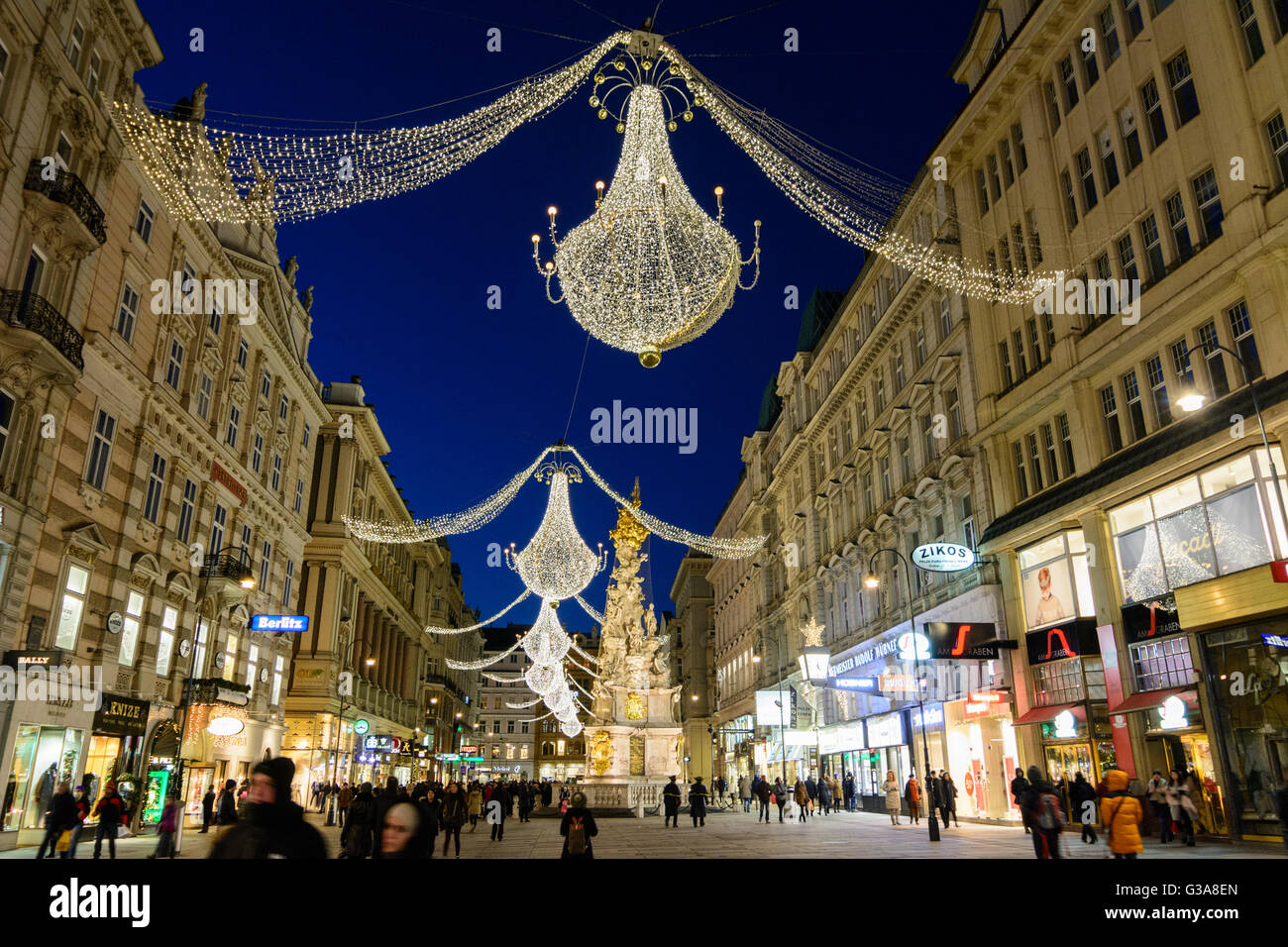 Innenstadt Fußgängerzone Graben mit Lichtern für Weihnachten, Österreich, Wien, 01., Wien, Wien Stockfoto
