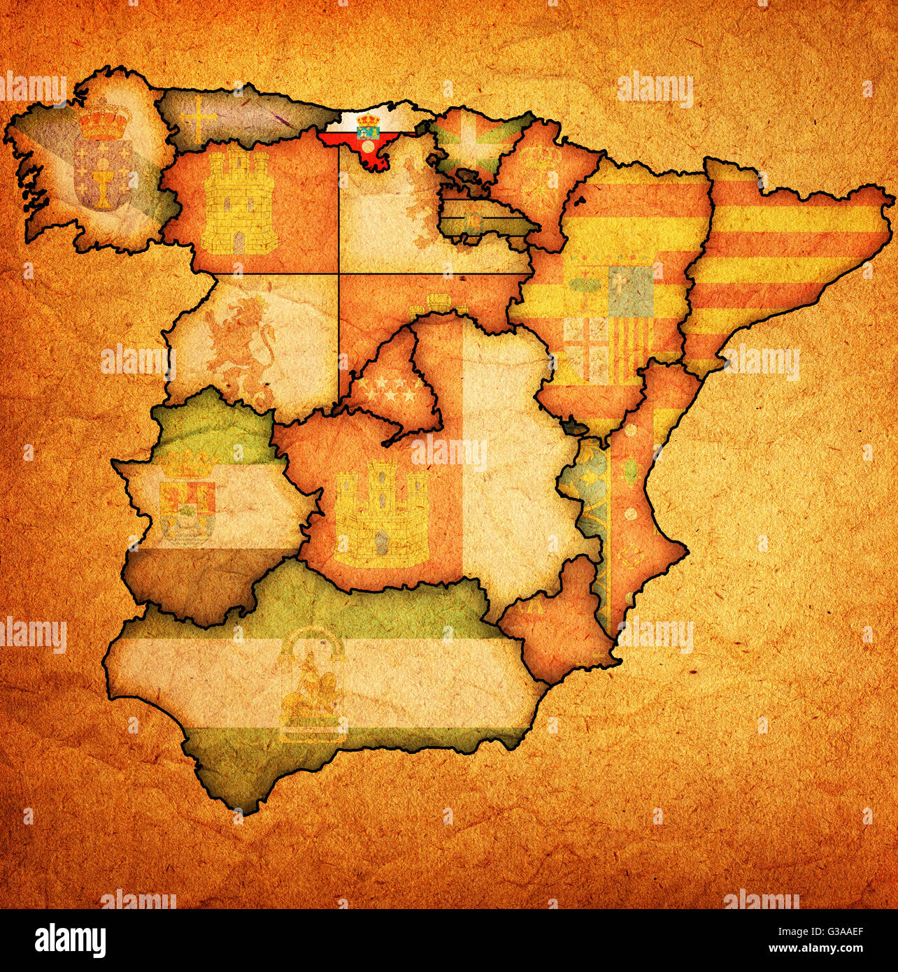 die Region Kantabrien auf Verwaltung Karte der Regionen Spaniens mit Fahnen und Wappen Stockfoto