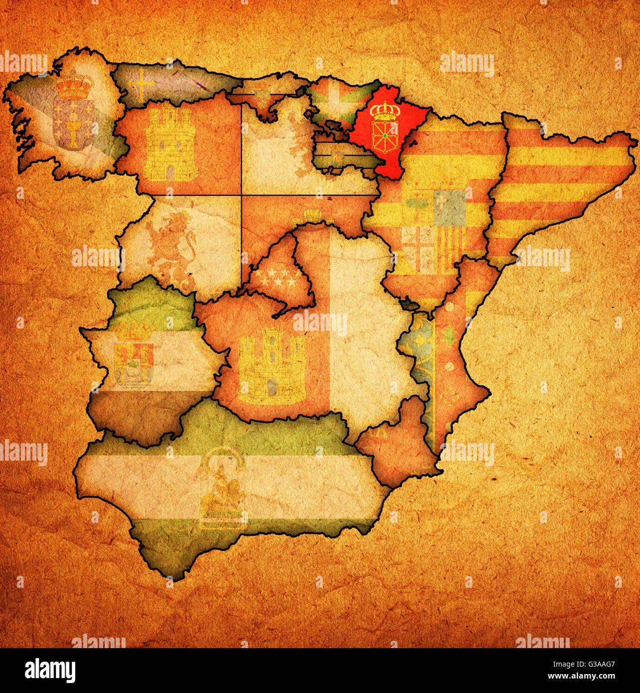 Navarra auf Verwaltung Karte der Regionen Spaniens mit Fahnen und Wappen Stockfoto