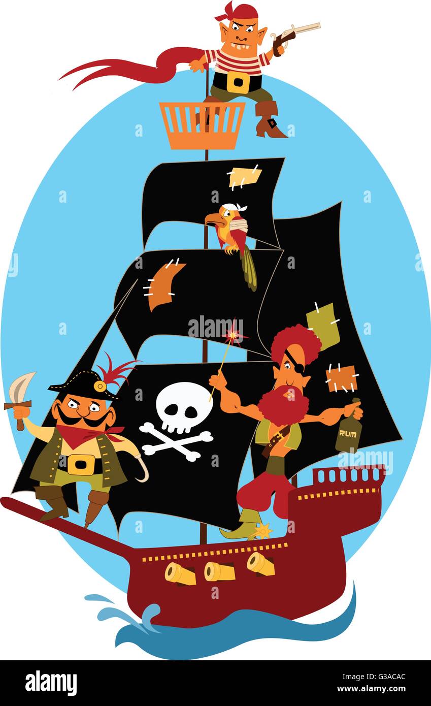 Cartoon-Piratenschiff mit niedlichen Piraten und ein Papagei, unter schwarzen Segeln Segeln Stock Vektor
