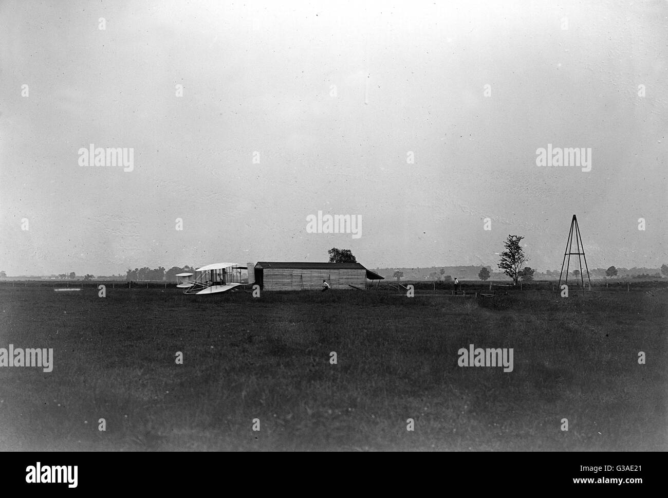 Beginn des ersten Fluges von 1905, Orville Wright an der Zentrale Stockfoto