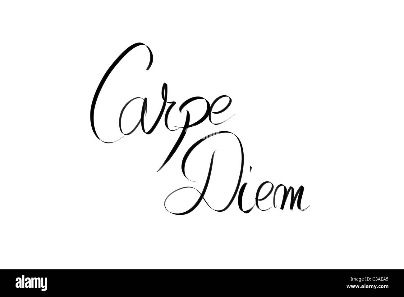 Carpe Diem motivierenden Zitat. Authentische Handschrift isoliert auf weißem Hintergrund als grafische Ressource. Stockfoto