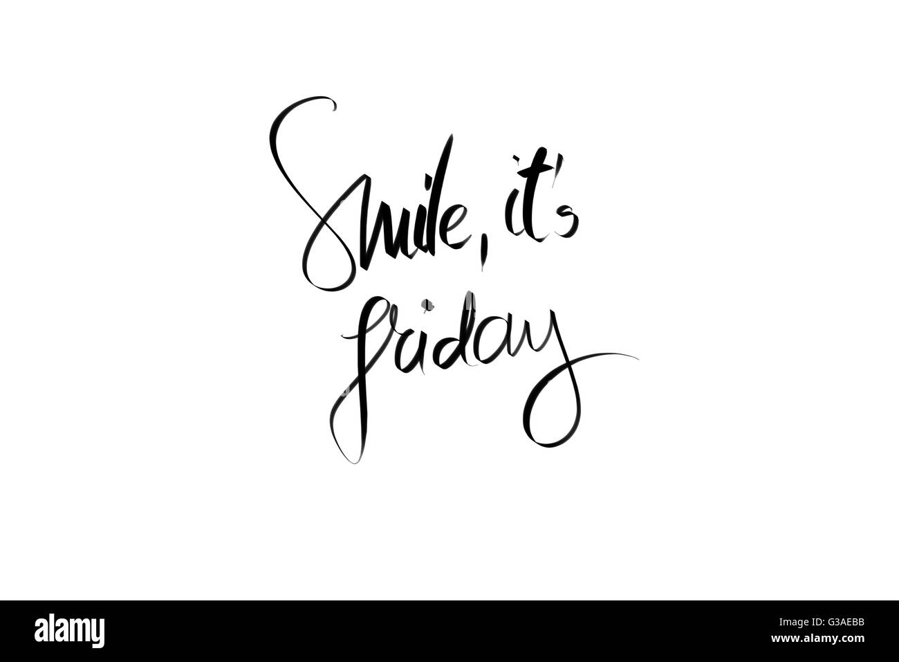 Lächeln, es ist Freitag motivierende zitieren. Authentische Handschrift isoliert auf weißem Hintergrund als grafische Ressource. Stockfoto