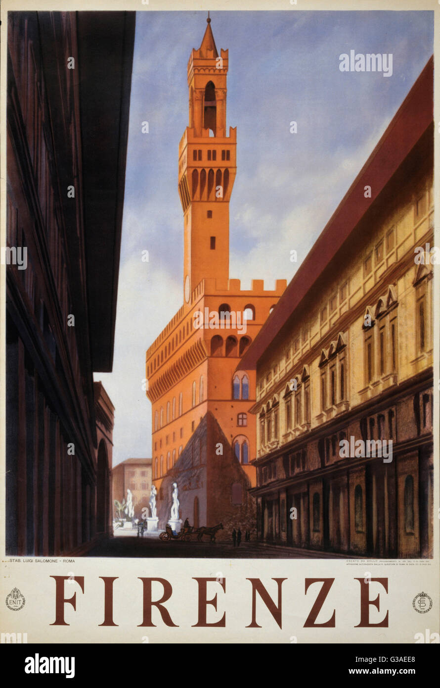 Firenze. Plakat zeigt eine historische Straße in Florenz. Datum, 1938. Stockfoto